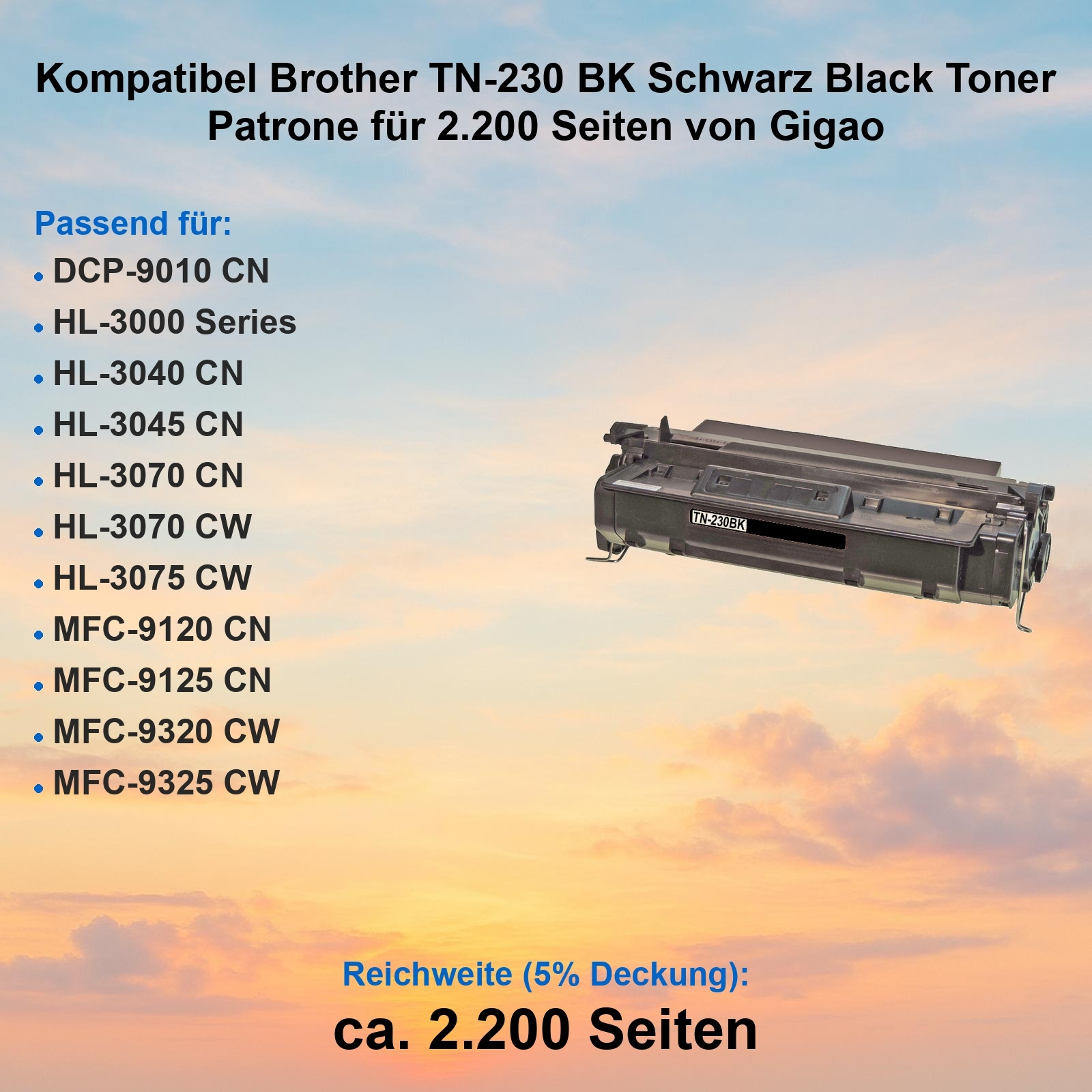 Eine Brother TN-230BK Tonerkartusche, beschriftet, schwarz, auf Gradientenhintergrund mit Produktkompatibilitätsliste und Text.