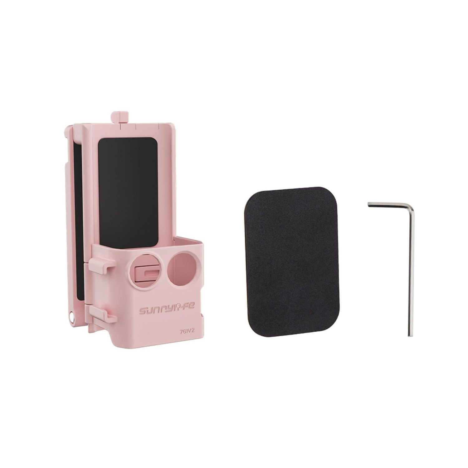 Ein rosa Telefonhalter mit schwarzem Bildschirm, ein schwarzes Quadrat und ein silbernes L-förmiges Werkzeug auf weißem Hintergrund.