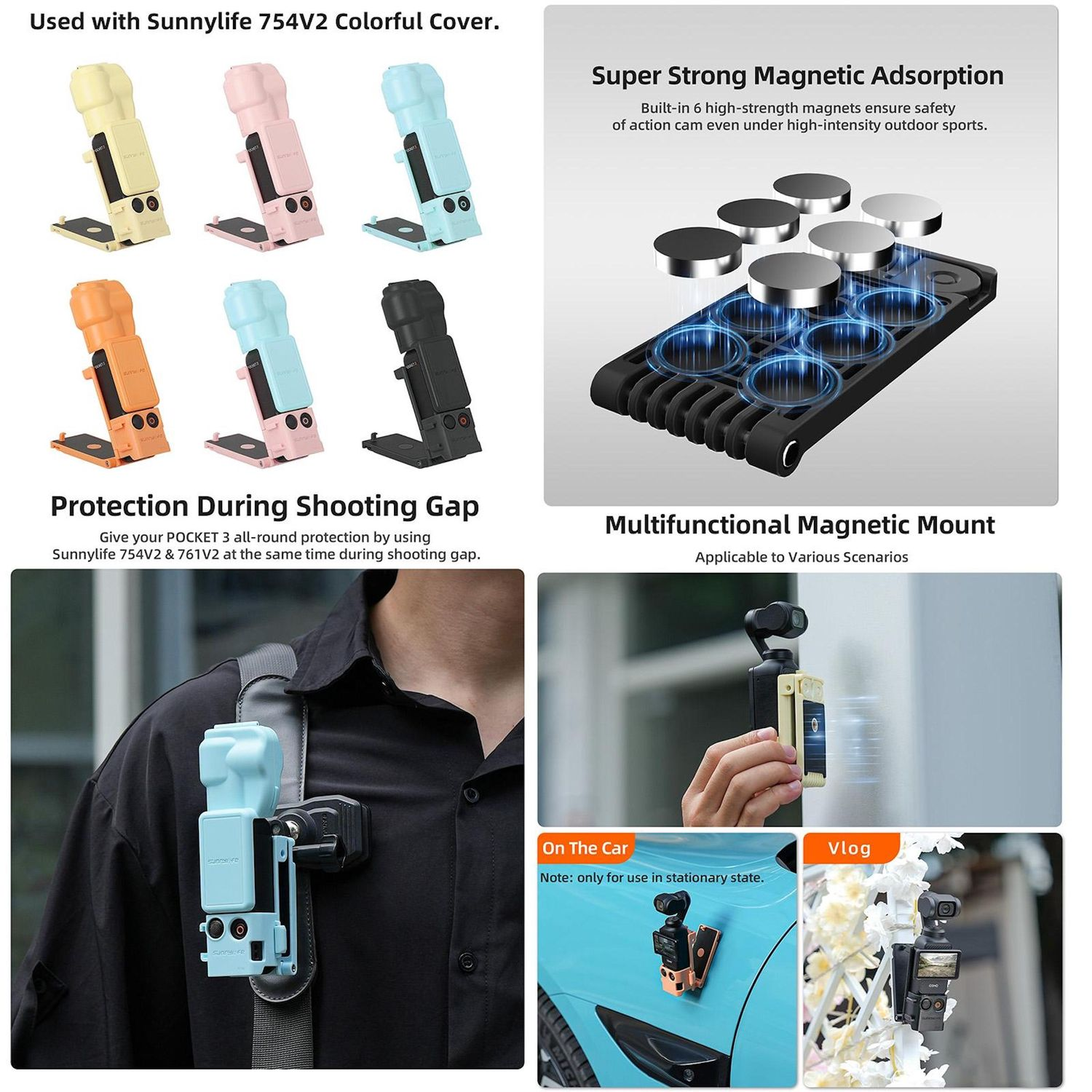 Produktaufnahmen von Kamerazubehör. Zeigt verschiedenfarbige Kamerahüllen und Halterungen mit Magnetfunktion, die in verschiedenen Szenarien verwendet werden.