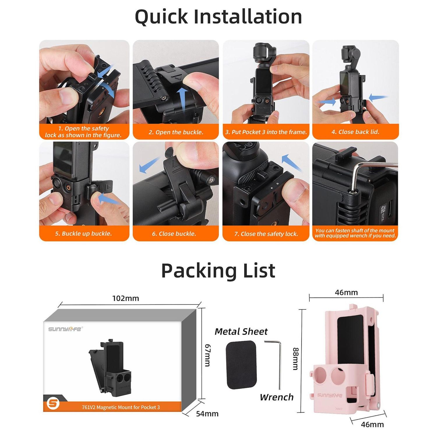 Installationsanleitung mit Schritten. Enthält Bilder des Produkts, Diagramme und Komponenten wie eine Magnetbefestigung, einen Schraubenschlüssel und ein Metallblech.