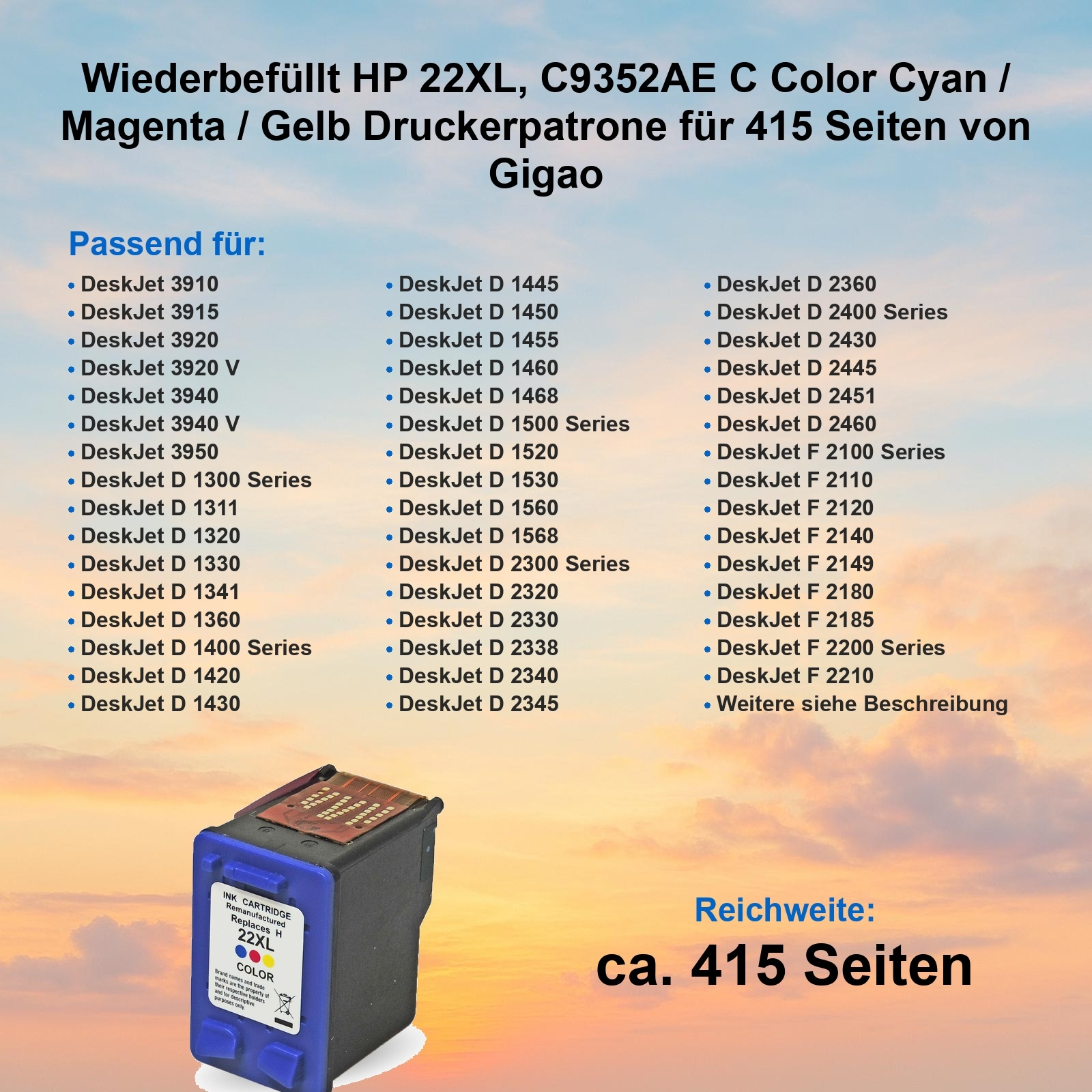 Tintenpatrone mit Text und einer Liste kompatibler Drucker, sowie Text zur Seitenausbeute.