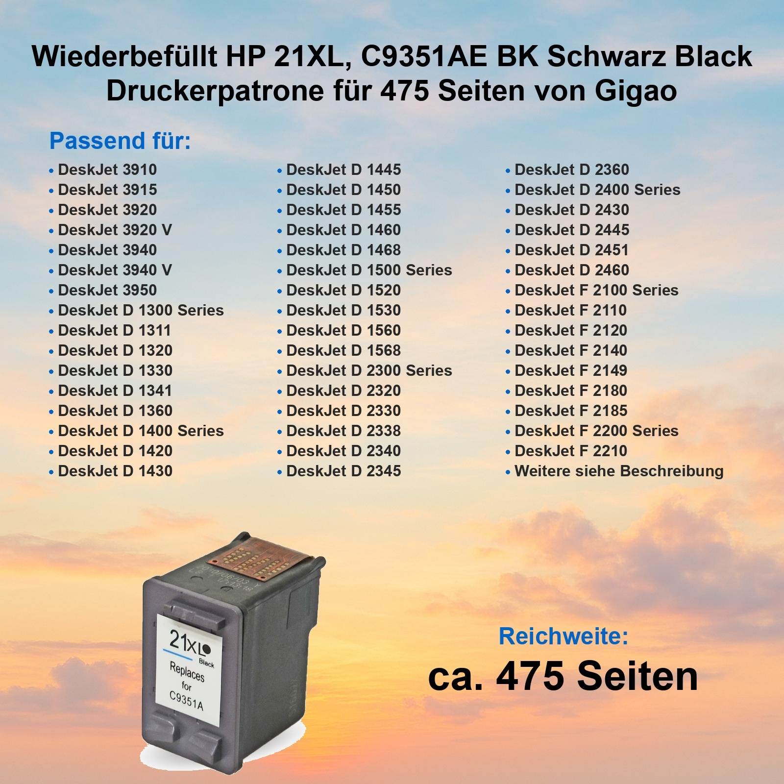 Schwarze Tintenpatrone mit Kompatibilitätsliste und Text "ca. 475 Seiten".
