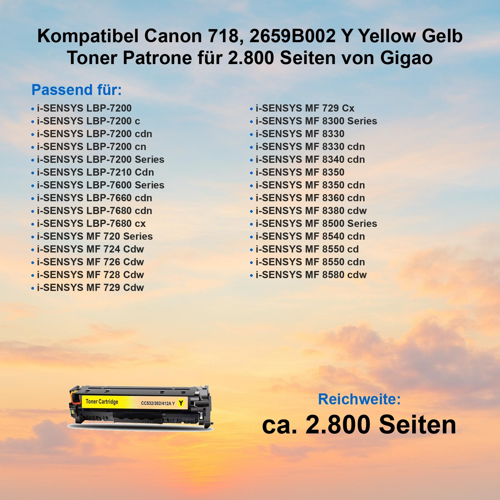 Gelbe Tonerkartusche mit Text und einer Liste kompatibler Drucker, vor einem Sonnenuntergang.