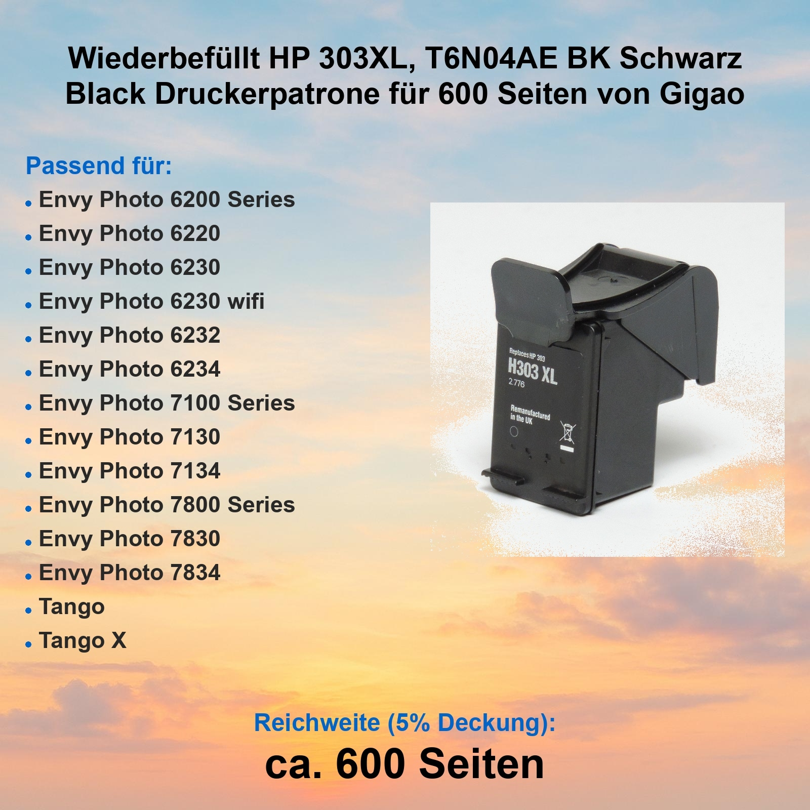 Eine schwarze HP 303XL Tintenpatrone. Aufschrift: 'Remanufactured in the UK'. Listet passende Druckermodelle.