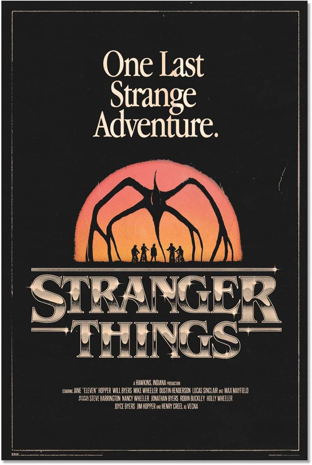 Poster für Stranger Things. Zeigt eine Monstersilhouette vor orangefarbenem Himmel, Figuren darunter und den Titel der Serie.
