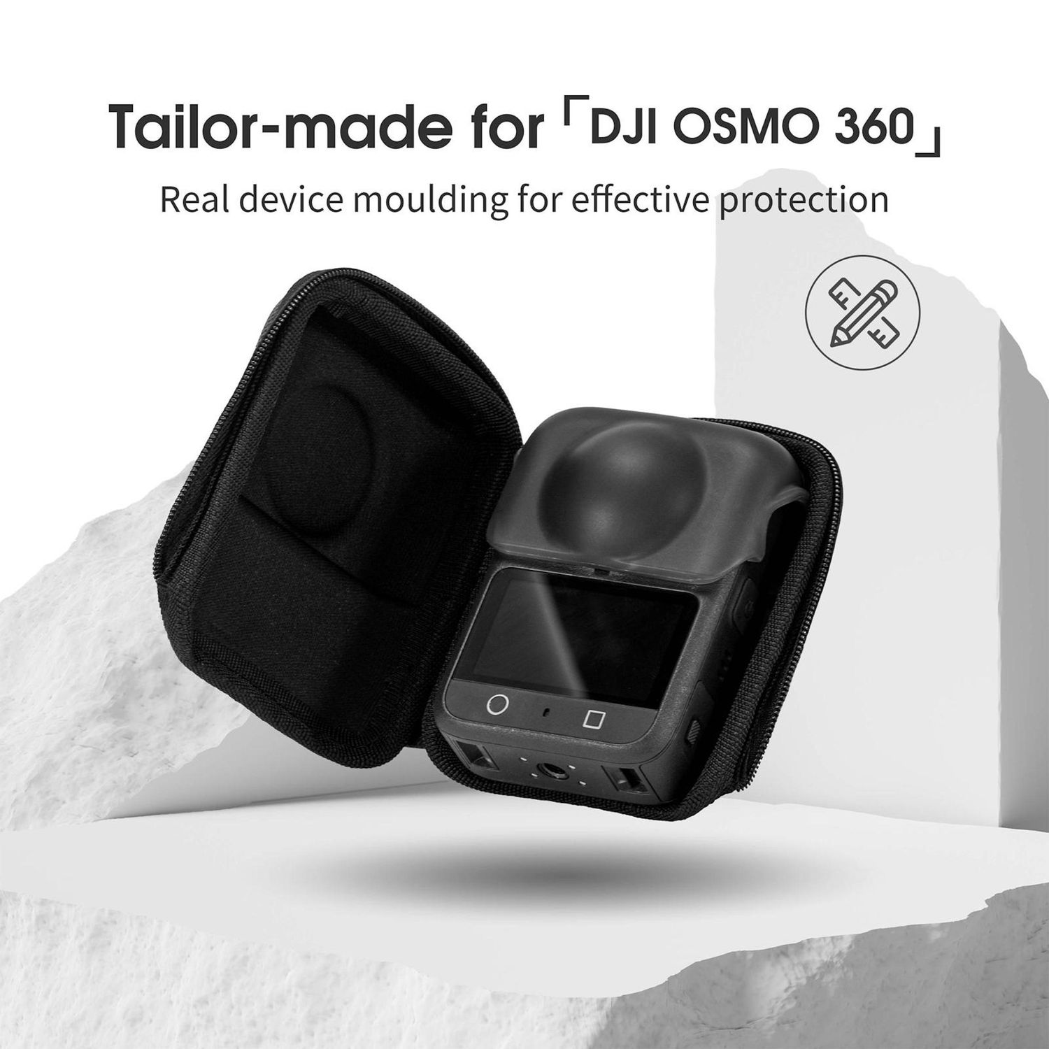 Custodia nera con una fotocamera DJI Osmo 360 all'interno. Testo: 'Tailor-made for DJI OSMO 360'. Sfondo bianco.