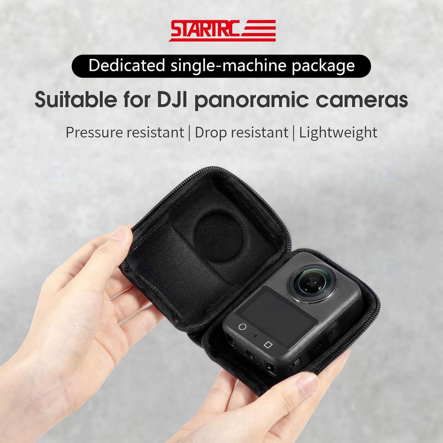 Una mano tiene una custodia nera con una fotocamera all'interno. Il testo dice 'Dedicated single-machine package' e 'Suitable for DJI panoramic cameras'.