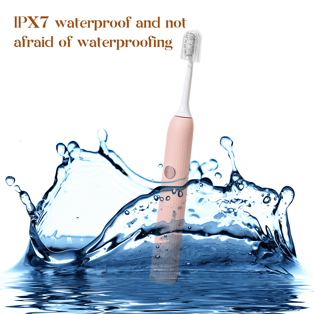 Eine rosa elektrische Zahnbürste mit klarem Kopf befindet sich im Wasser. Wasser spritzt um die Zahnbürste, und über dem Text steht: IPX7 wasserdicht.