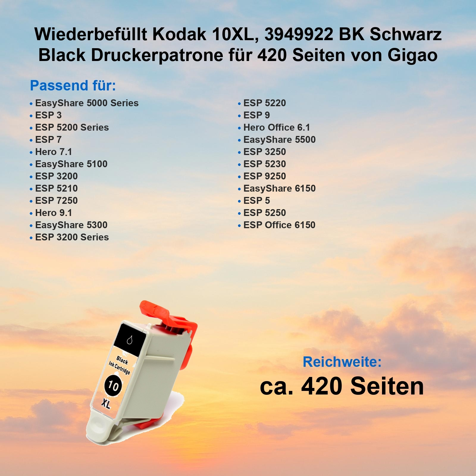 Das Bild zeigt eine schwarze Tintenpatrone für Kodak-Drucker, beschriftet mit '10 XL'. Textdetails zu kompatiblen Modellen.