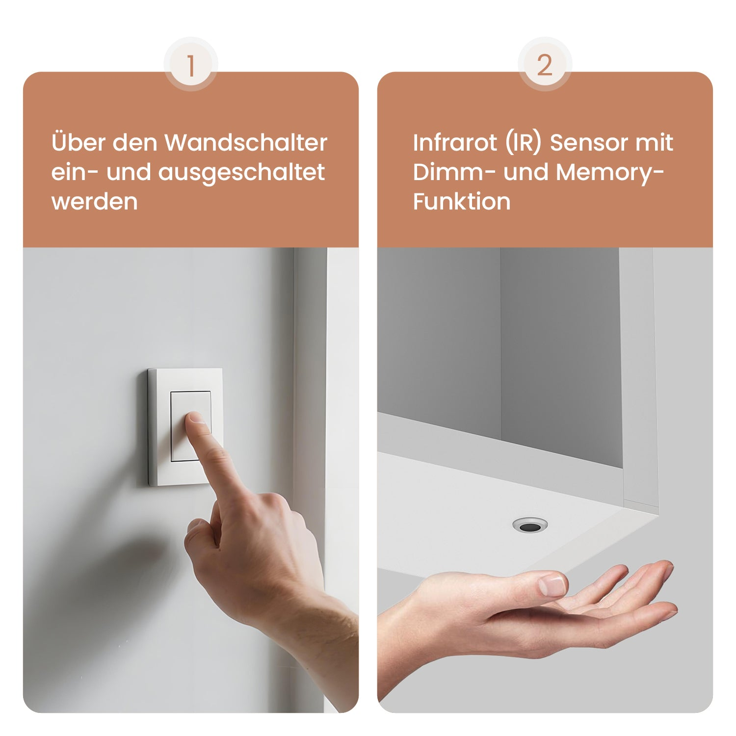 Eine Hand drückt einen Lichtschalter. Text sagt: 'Ein- und Ausschalten über den Wandschalter.' Ein anderes Bild zeigt IR-Sensor mit Dimmfunktion.