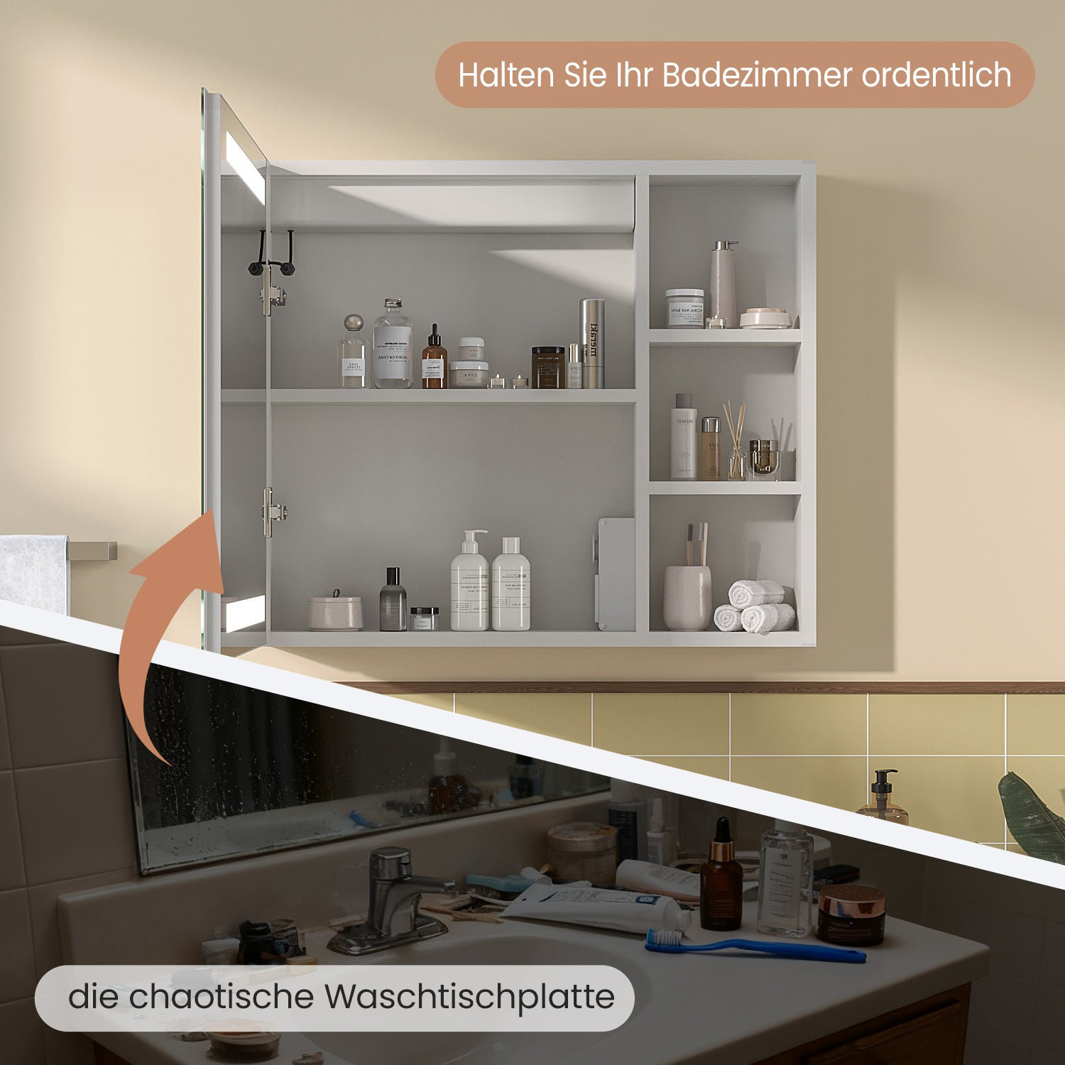 Ein geteiltes Bild zeigt einen sauberen Badezimmerschrank vs. ein unordentliches Waschbecken. Der Schrank enthält Toilettenartikel, während das Waschbecken unordentlich ist.