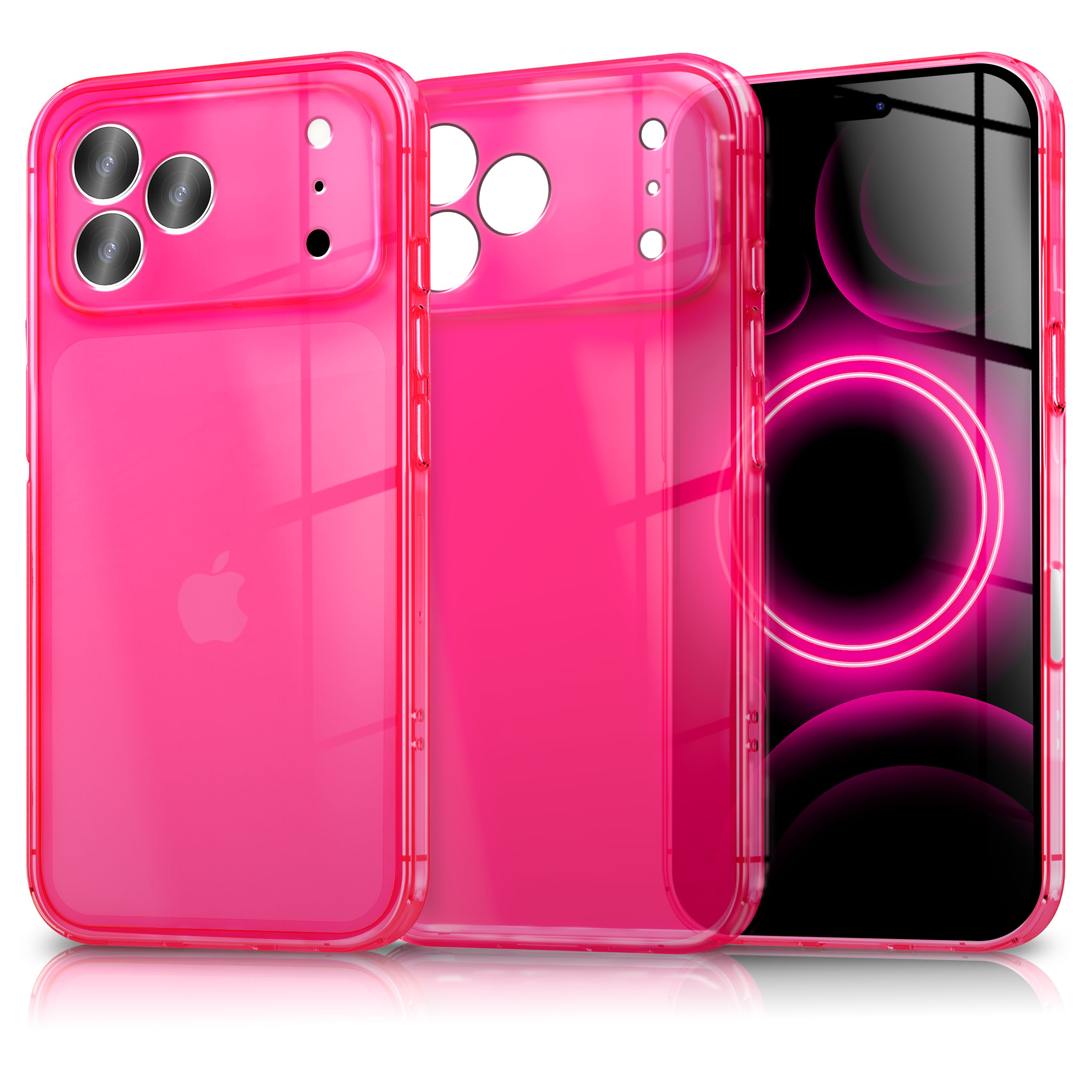 Drei pinke Handyhüllen und ein Handy mit einem pinken Neonkreis auf dem Bildschirm, der sich auf einer weißen Oberfläche spiegelt.