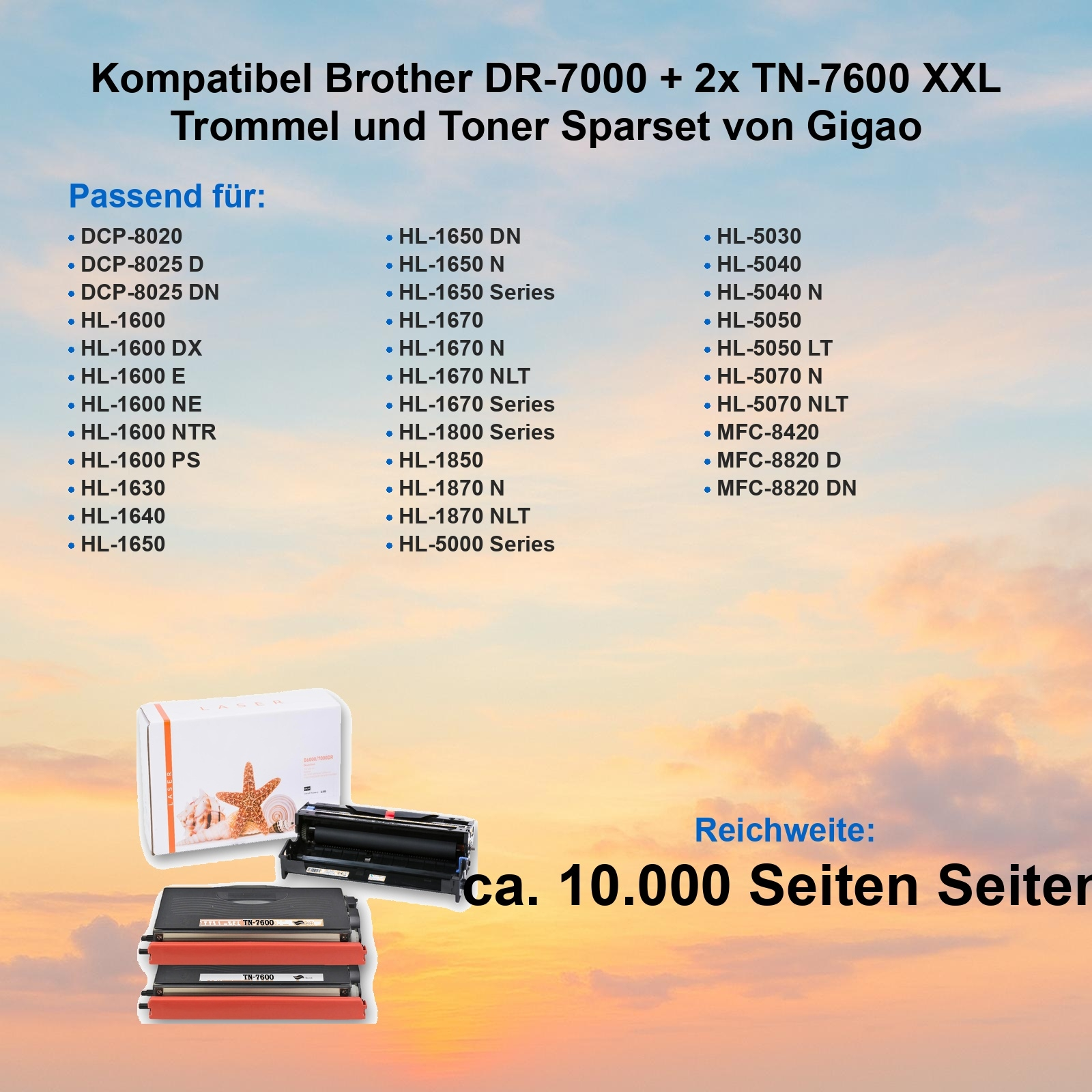 Das Bild zeigt ein Tonerset mit einer Box, Tonerkartuschen und einer Trommeleinheit, mit Produktkompatibilität.