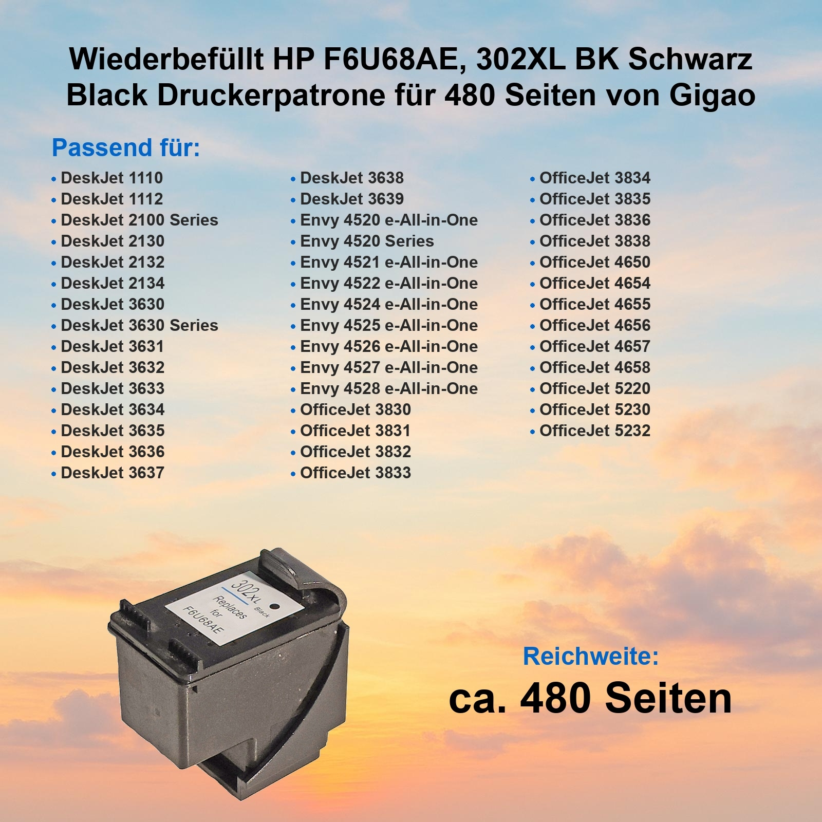 Schwarze Tintenpatrone mit Produktinformationen und einer Liste kompatibler Druckermodelle. 'ca. 480 Seiten'.