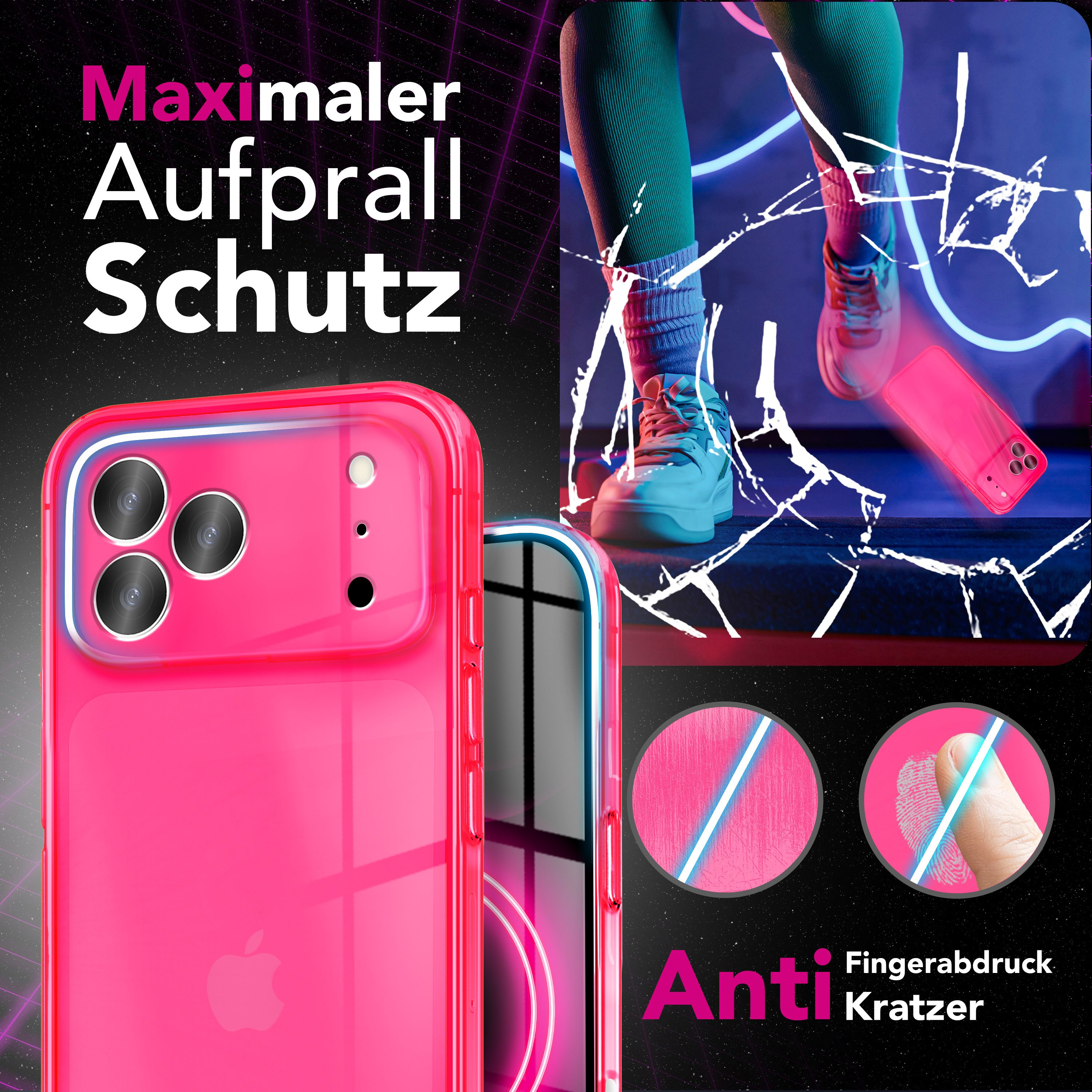 Pinke Handyhülle, schlagfest. Beine in Sportkleidung mit Schuhen, Glasbruch-Effekt. Anti-Kratz und Fingerabdruck-resistent.