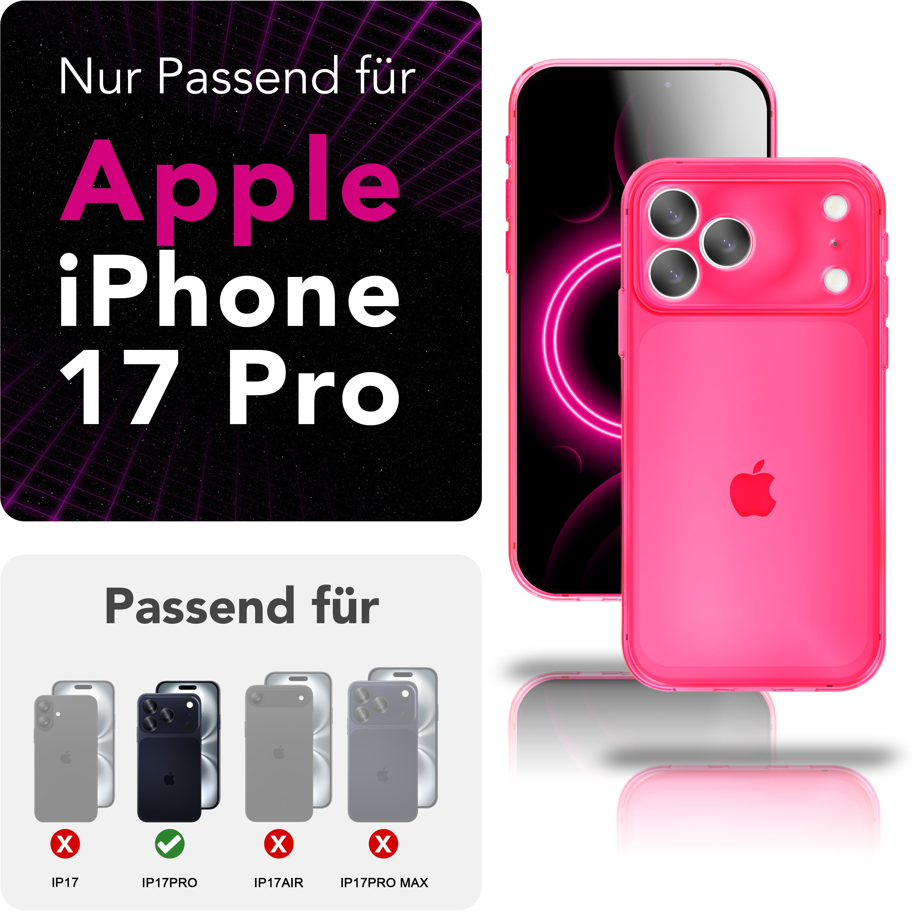 Das Bild zeigt ein iPhone 17 Pro mit einer rosa Hülle. Der Text lautet 'Nur Passend für Apple iPhone 17 Pro' und 'Passend für' mit Telefonmodellen.