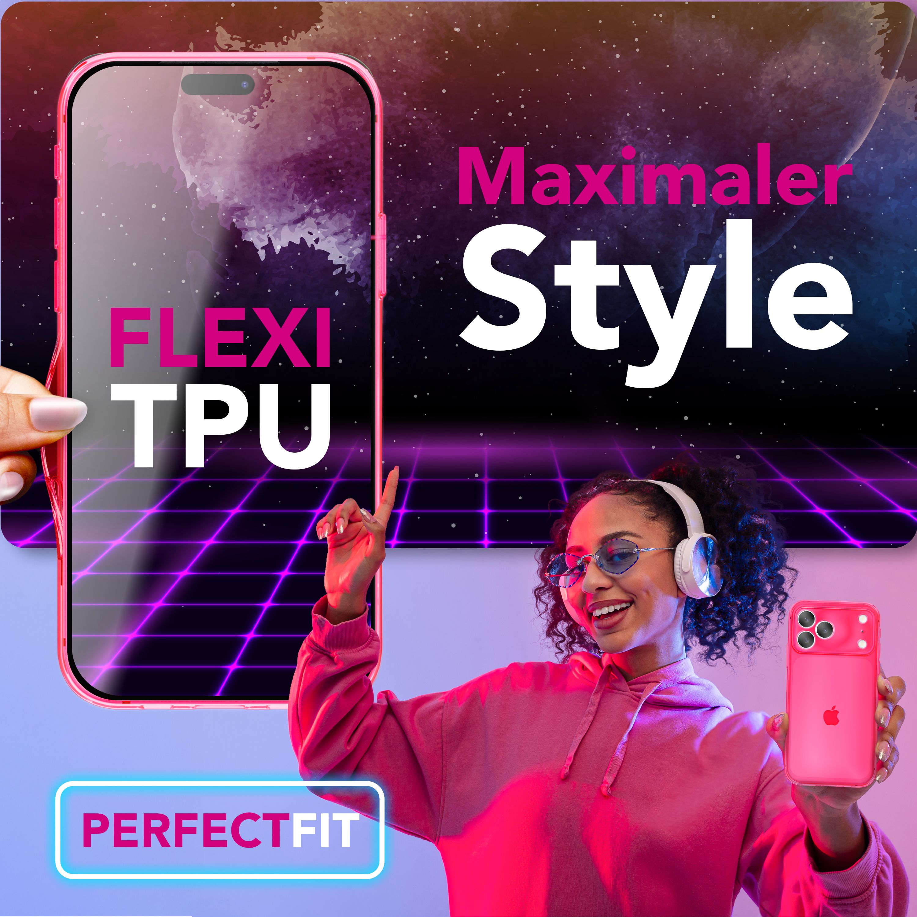 Frau, die eine rosa Handyhülle hält. Handyhülle befindet sich vor einem Telefon. Der Hintergrund hat Text und ein Raster.