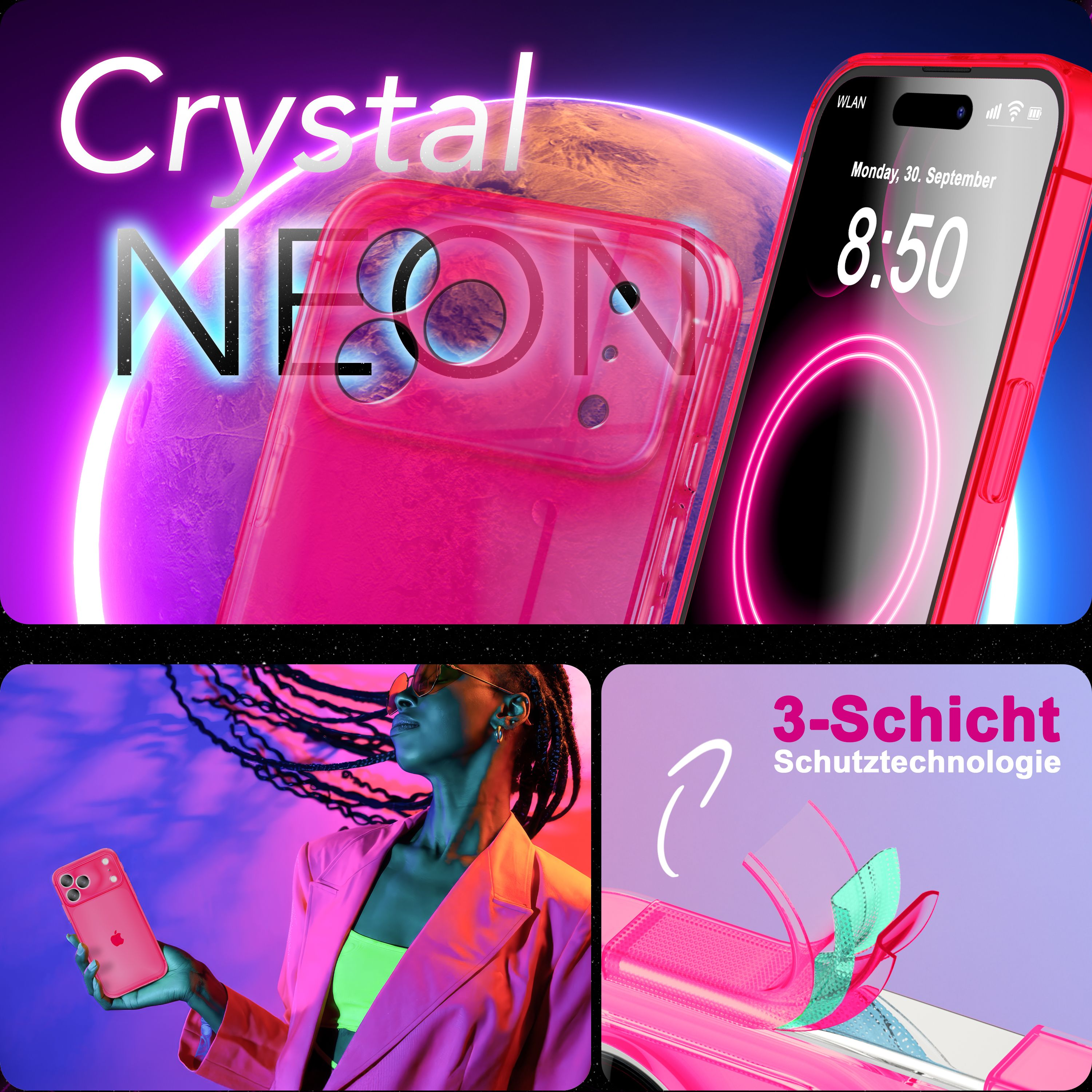 Das Bild zeigt Neontext, eine pinkfarbene Handyhülle und eine Frau mit einem Telefon. Farben: Pink, Lila und Grün.