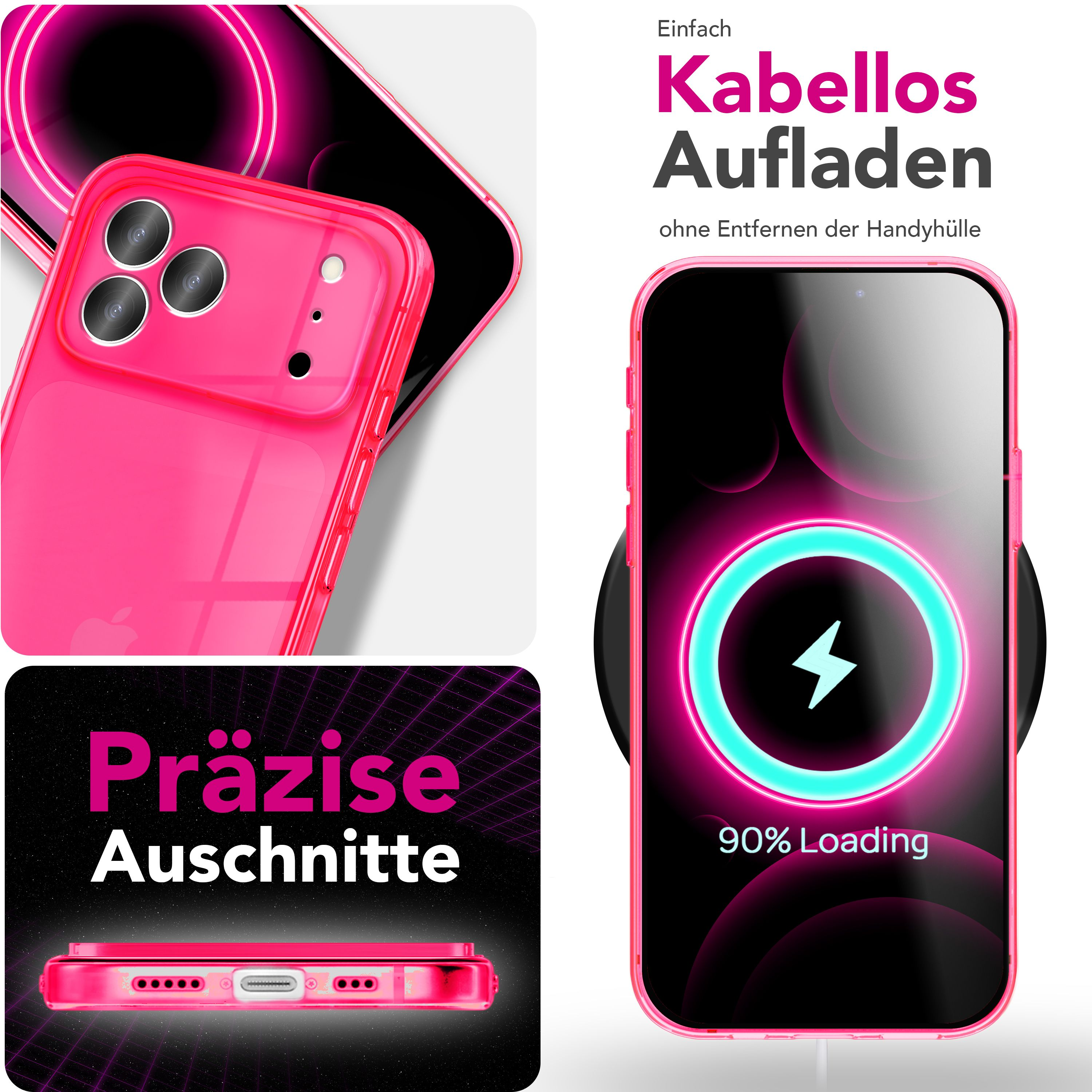 Ein Telefon in einer rosa Hülle wird kabellos aufgeladen. Text sagt 'Kabellos Aufladen'. Das Telefon zeigt 90 % Ladevorgang.