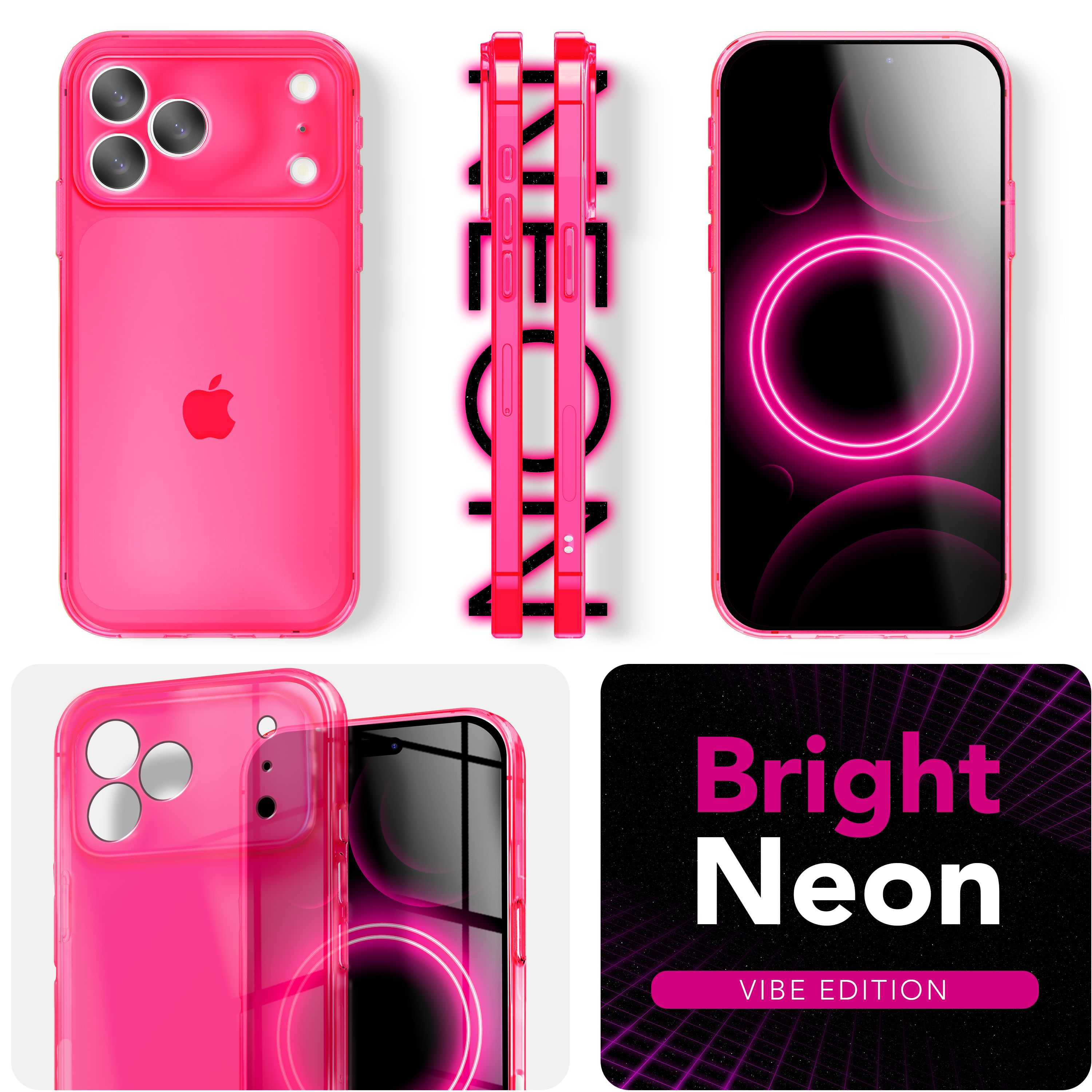 Pinke Handyhüllen und Handys mit neonpinken Kreisen und Text auf schwarzem Hintergrund.