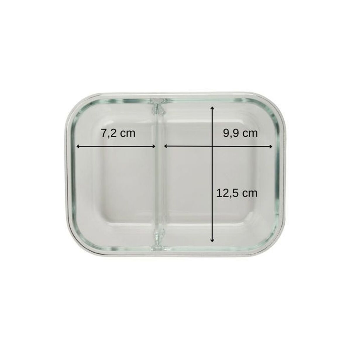 Ein klarer, rechteckiger Glasbehälter mit zwei Fächern. Abmessungen sind angegeben: 7,2 cm, 9,9 cm und 12,5 cm. Weißer Hintergrund.