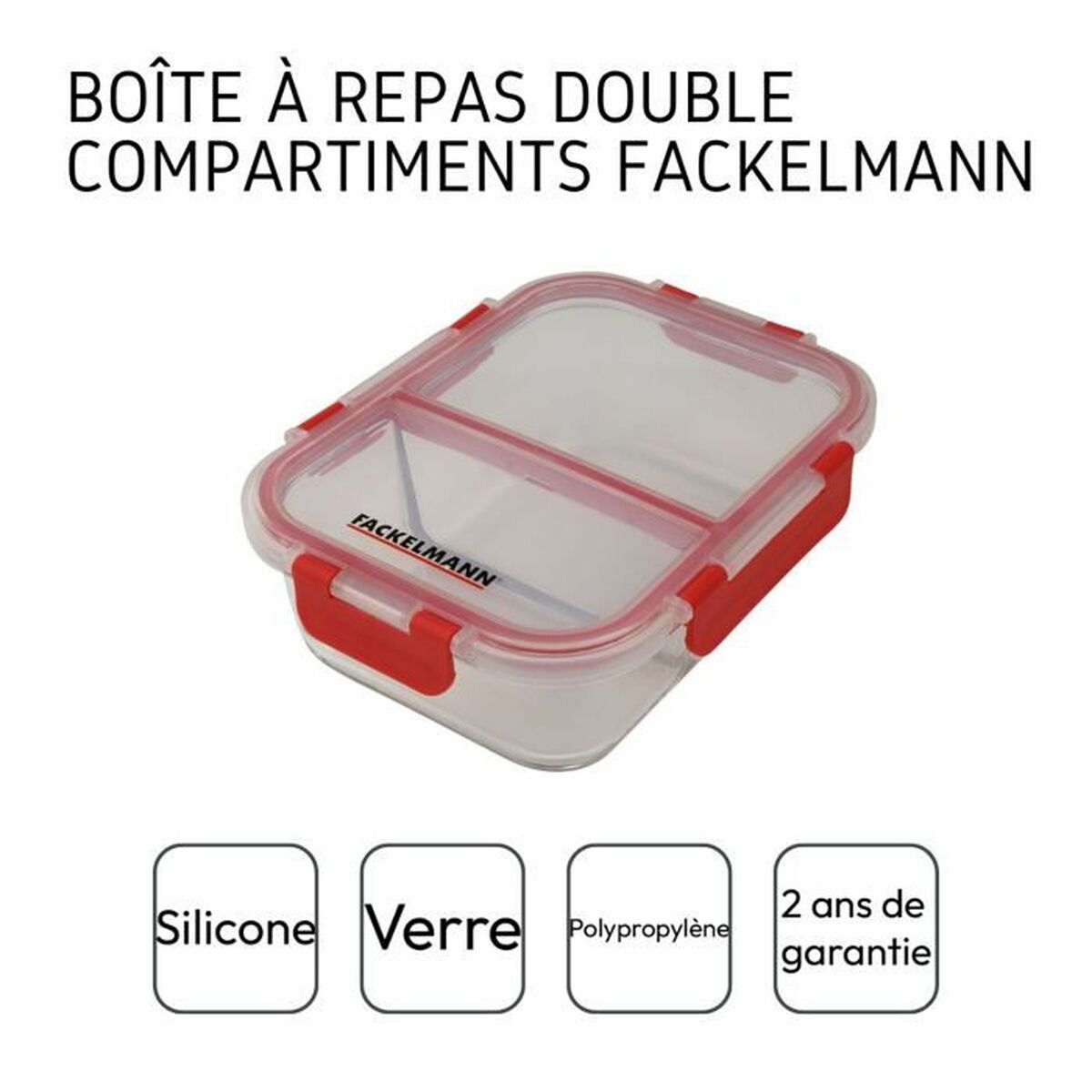 Eine klare, geteilte Lunchbox mit roten Akzenten und einem schwarzen Logo. Text darunter: Silikon, Glas, Polypropylen und 2 Jahre Garantie.