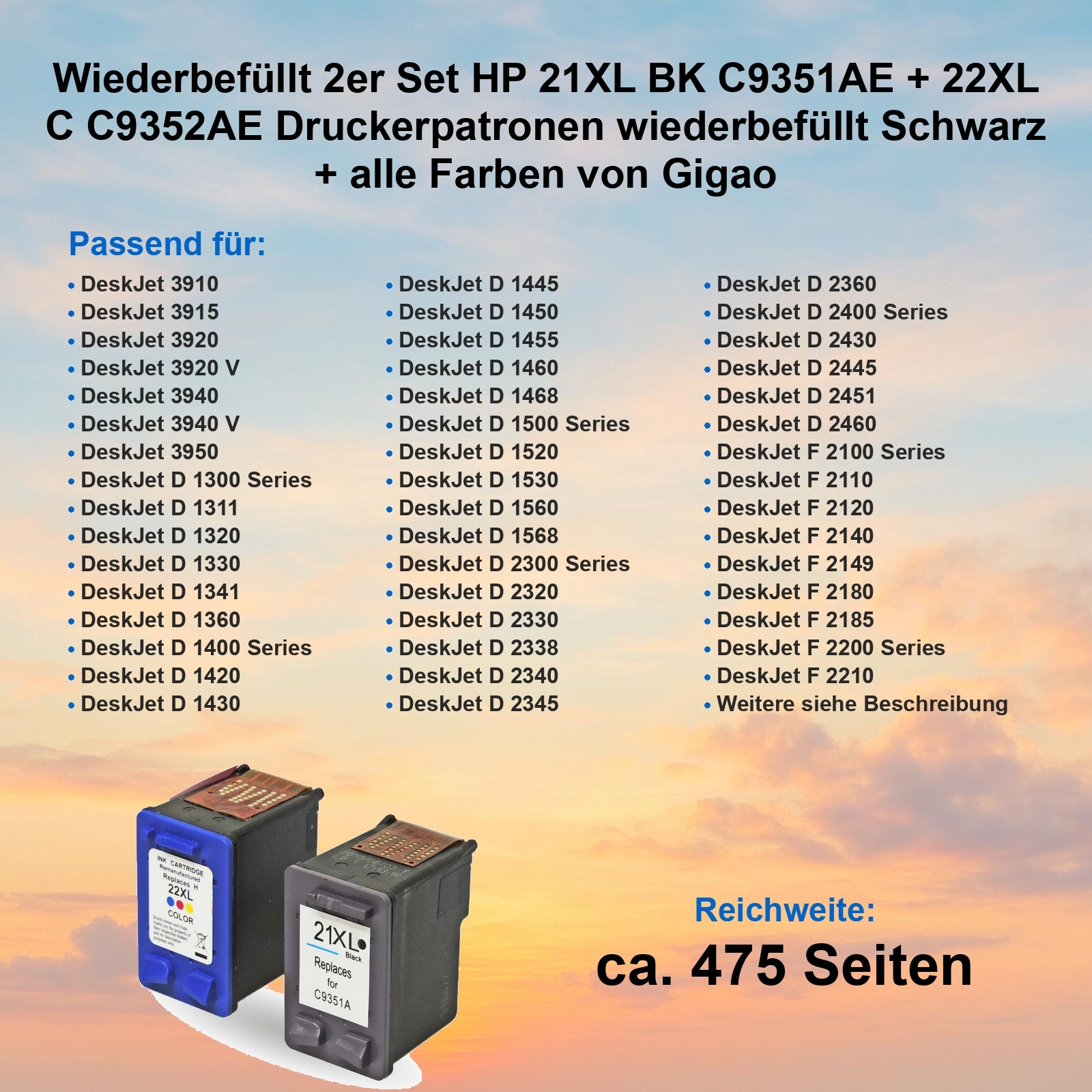 Das Bild zeigt Druckerpatronen mit Text über Kompatibilität und Seitenleistung. Enthält zwei Patronen und eine Liste kompatibler Drucker.