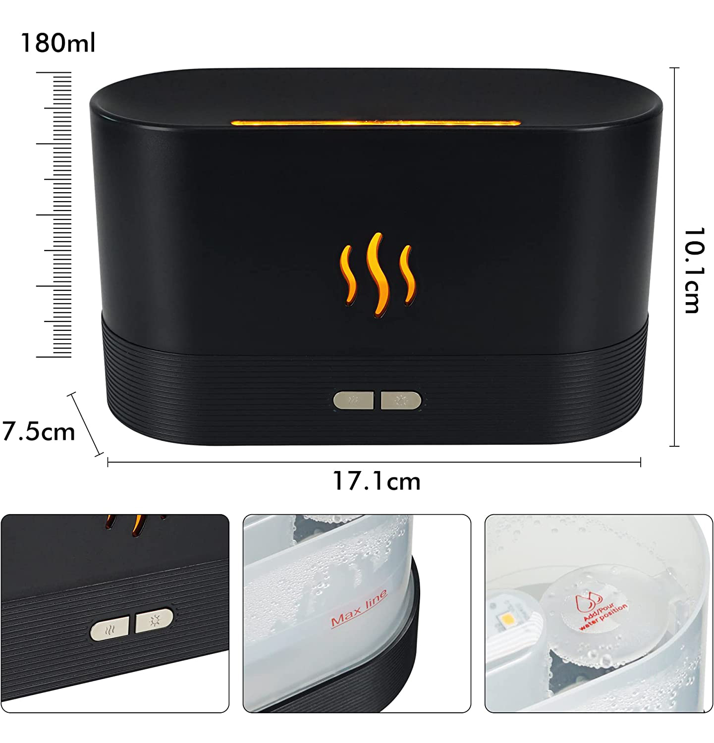 Schwarzer Aromatherapie-Diffusor mit Flammendesign, Abmessungen beschriftet. Nahaufnahmen von Knöpfen und Wasserbehälter.