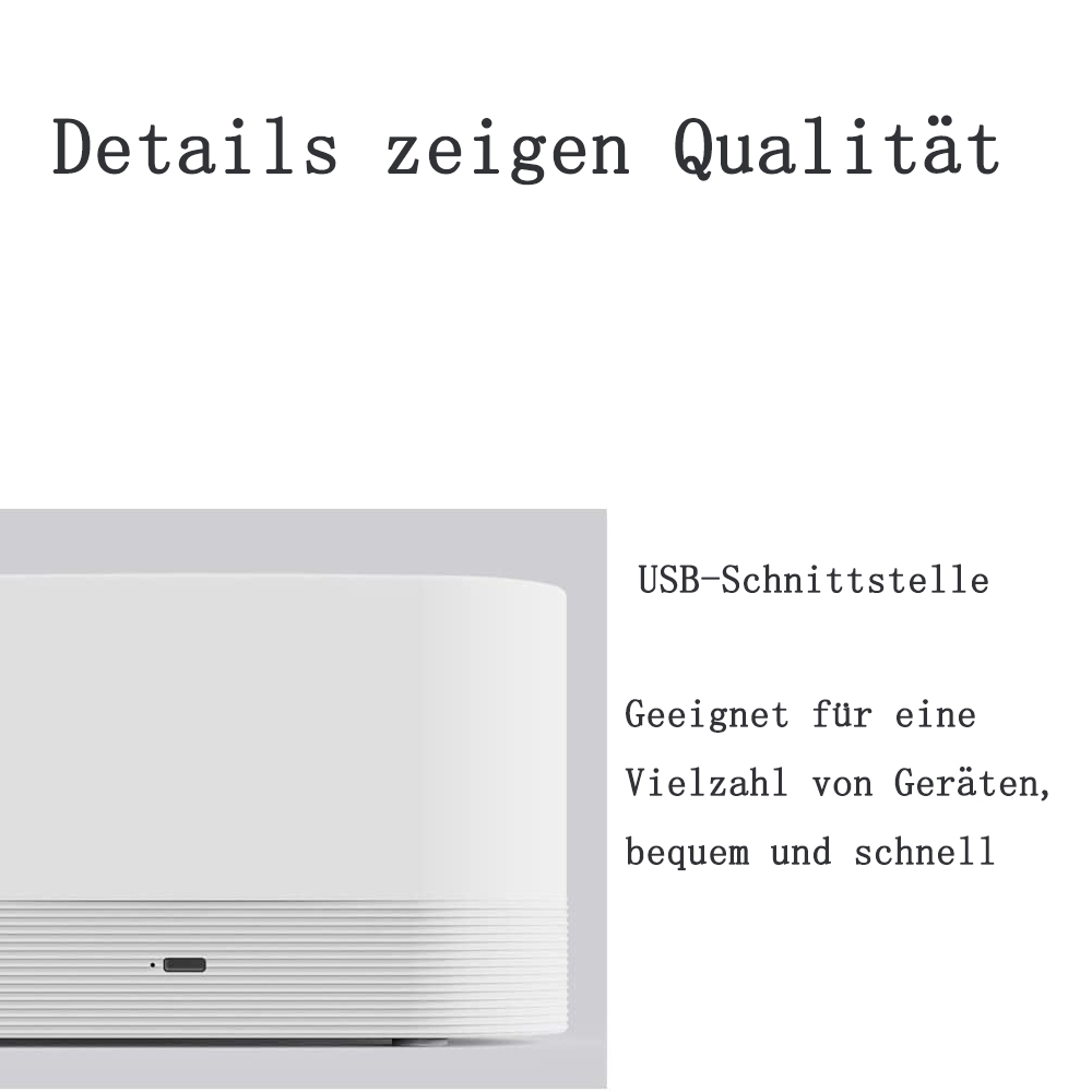 Ein weißes Gerät mit USB-Anschluss. Text: 'Details zeigen Qualität'. Weitere Texte beschreiben Funktionen und Benutzerfreundlichkeit.