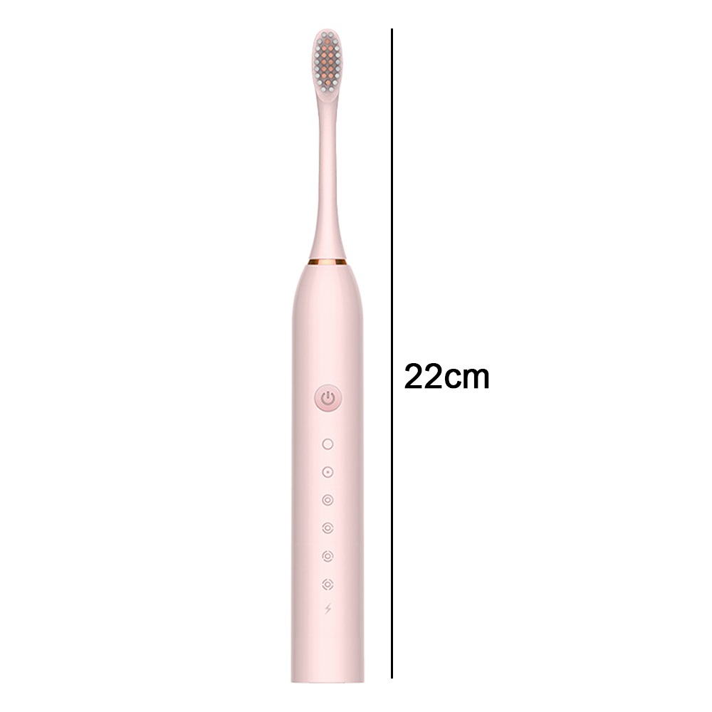 Eine rosa elektrische Zahnbürste mit einer Länge von 22 cm. Sie hat einen Ein-/Ausschalter und mehrere andere Tasten. Die Borsten sind grau.