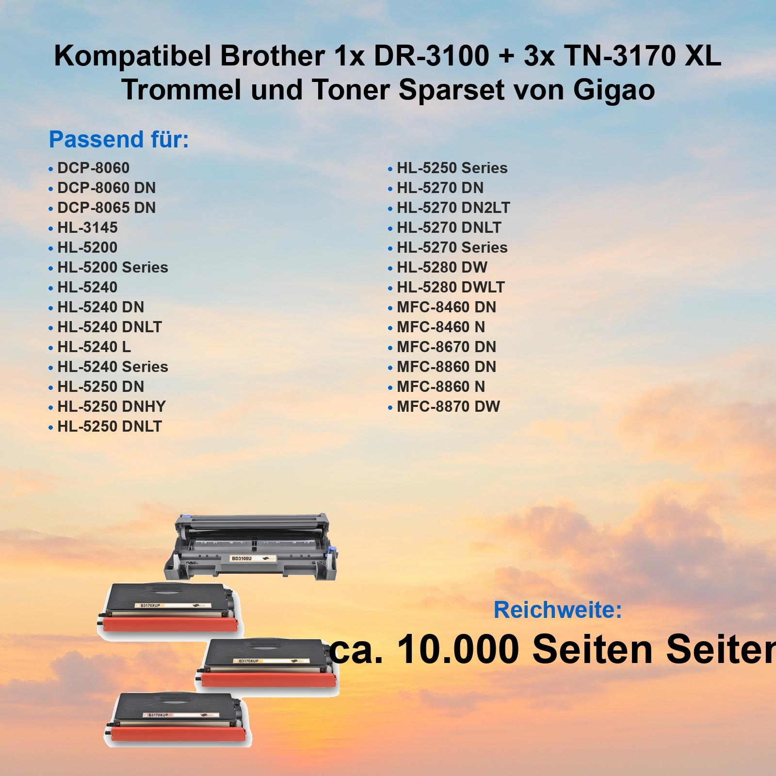 Produktanzeige mit Tonerkartuschen. Es zeigt kompatible Druckermodelle. Text deutet auf eine Reichweite von ca. 10.000 Seiten hin.