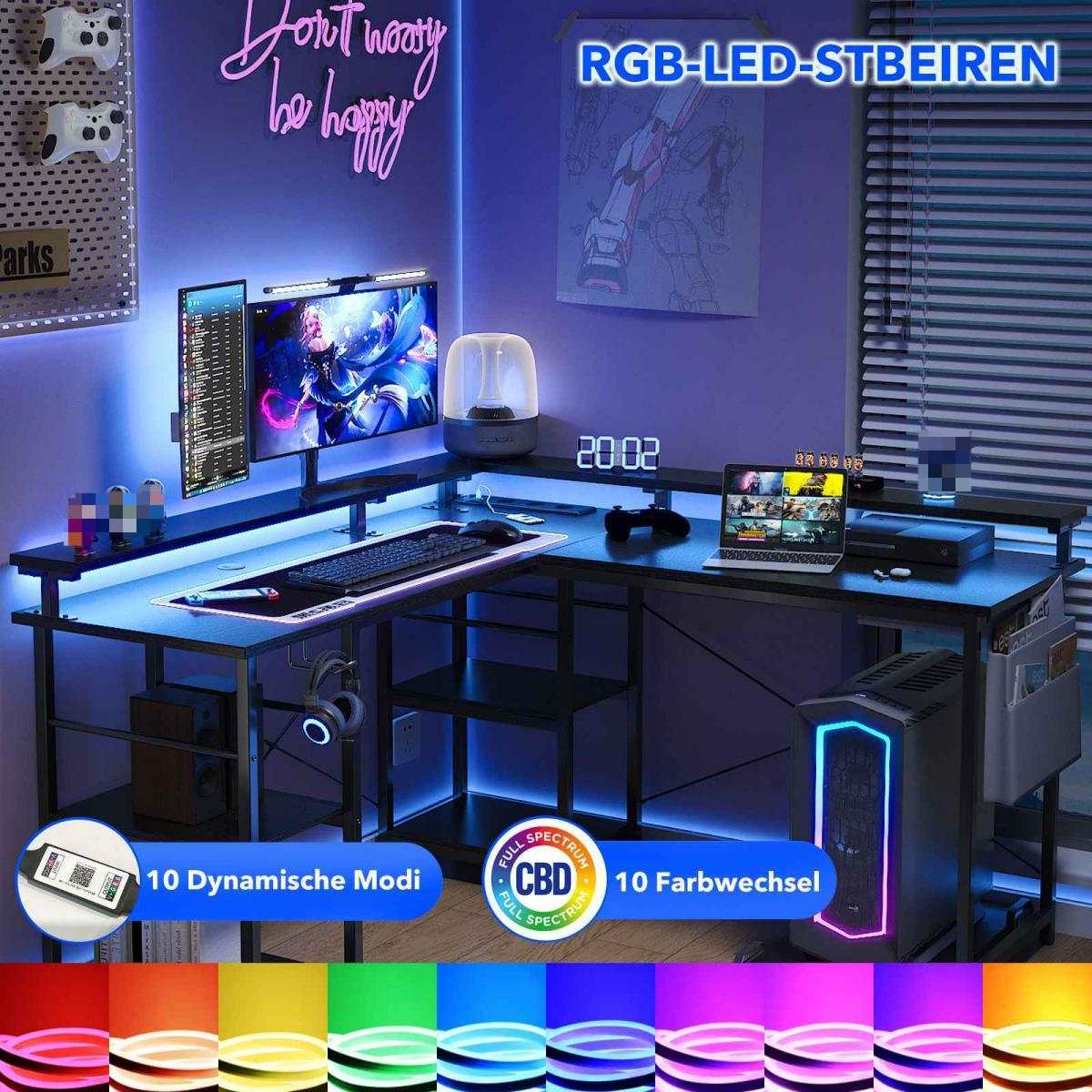 Ein Gaming-Schreibtisch mit Monitor, Tastatur und PC. Der Schreibtisch hat blaue LED-Leuchten, ein Neon-Schild und eine Uhr.