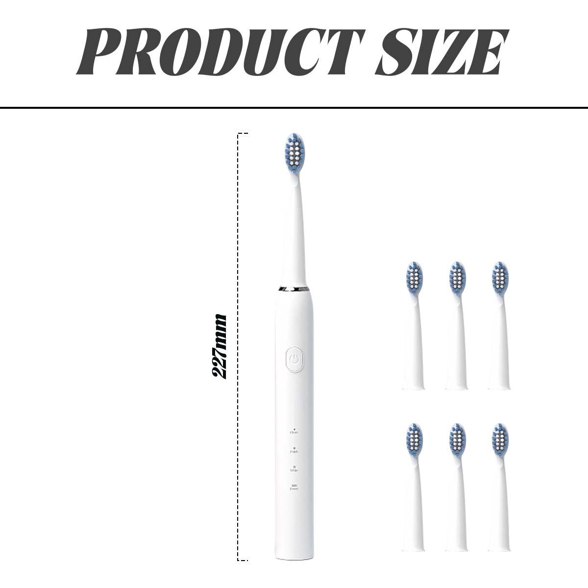 Eine weiße elektrische Zahnbürste mit zusätzlichen Bürstenköpfen. Die Produktgröße wird mit 227 mm angegeben. Der Text 'PRODUCT SIZE' steht oben.
