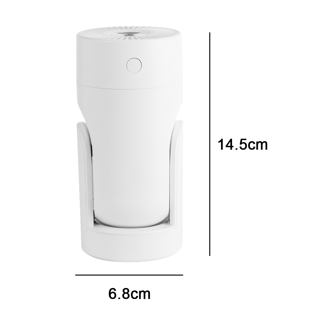 Ein weißer Luftbefeuchter, mit den Abmessungen 14,5 cm hoch und 6,8 cm breit, vor weißem Hintergrund.