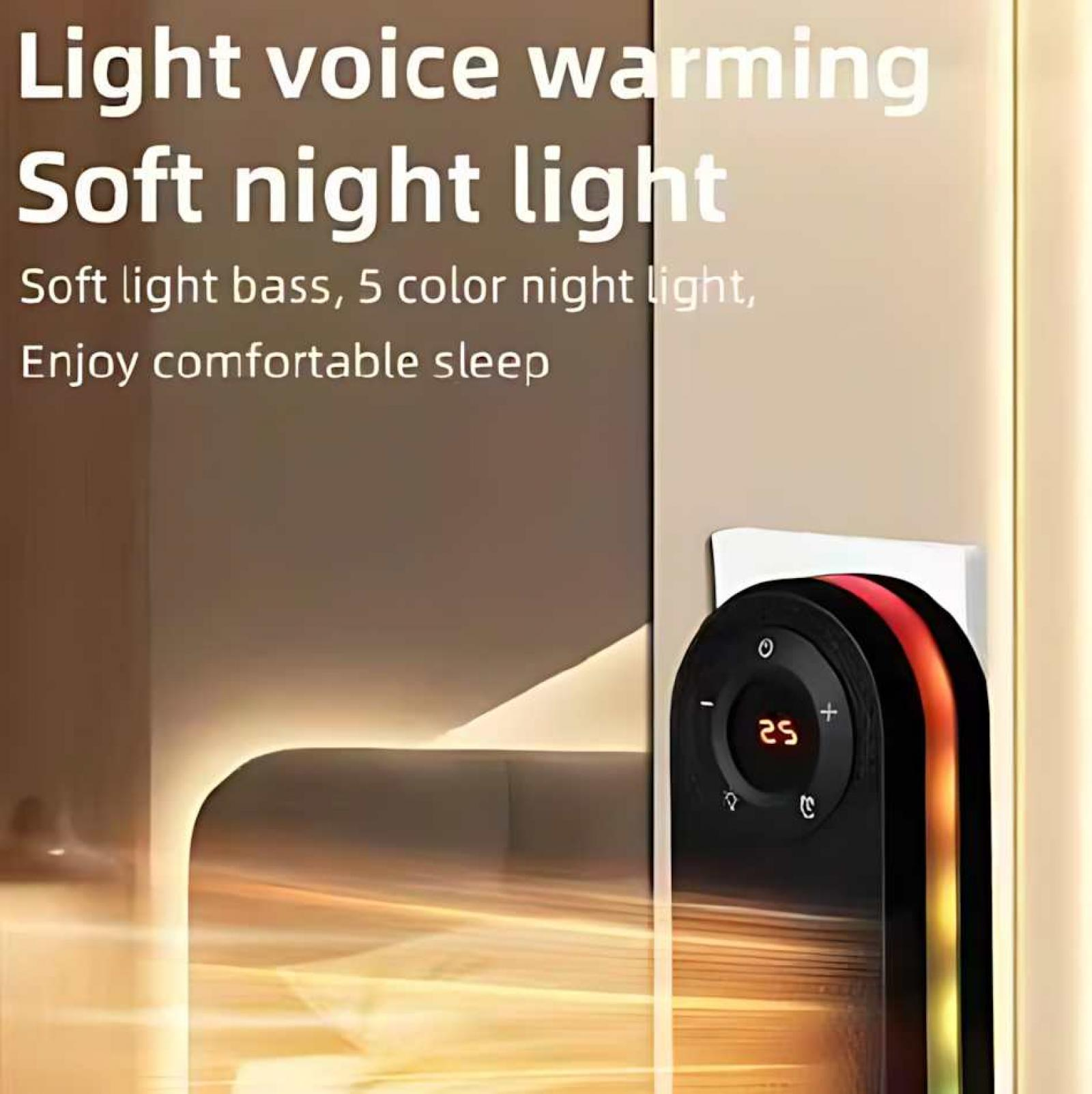 Werbung für ein Nachtlicht. Schwarzes Gerät mit Bedienelementen rechts. Text links, einschließlich 'Soft night light'.