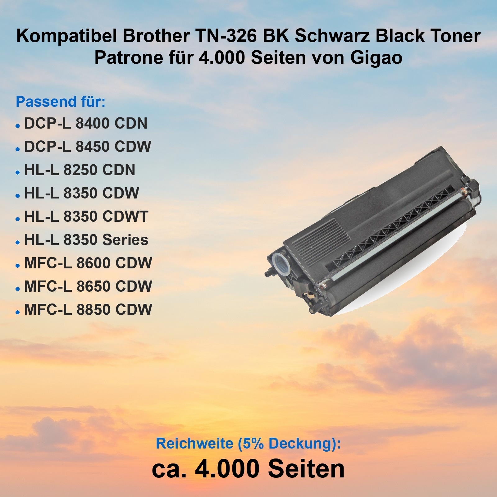Schwarze Tonerkartusche für Brother-Drucker. Enthält eine Liste kompatibler Modelle. Der Hintergrund ist ein Orange-Blau-Verlauf.