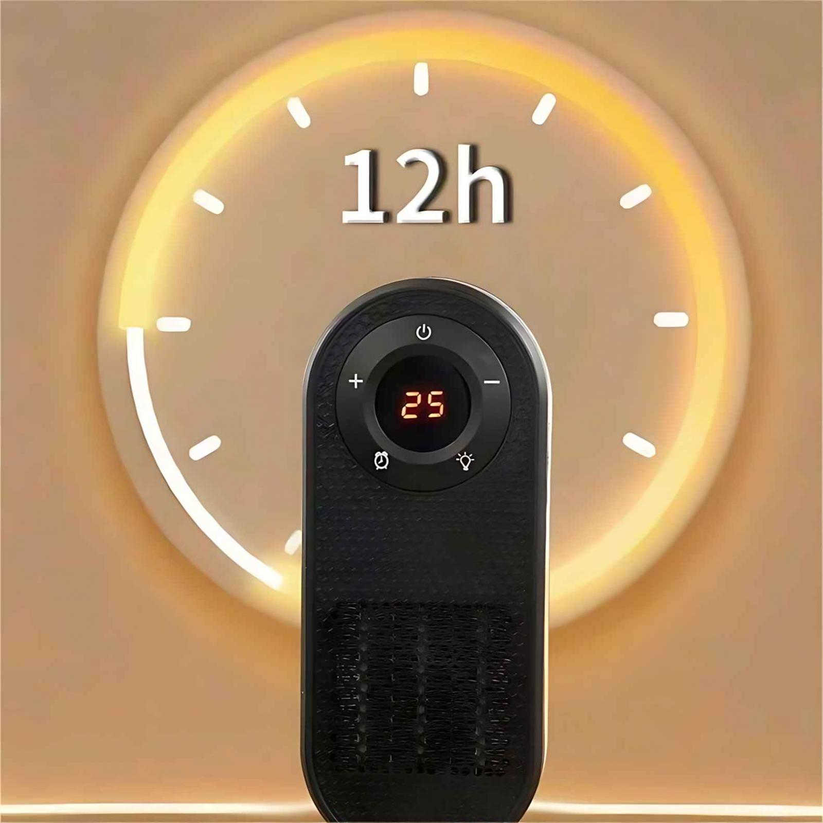 Schwarzer Heizlüfter mit digitaler Anzeige 25, vor einem Timer mit 12h. Der Hintergrund ist beige.