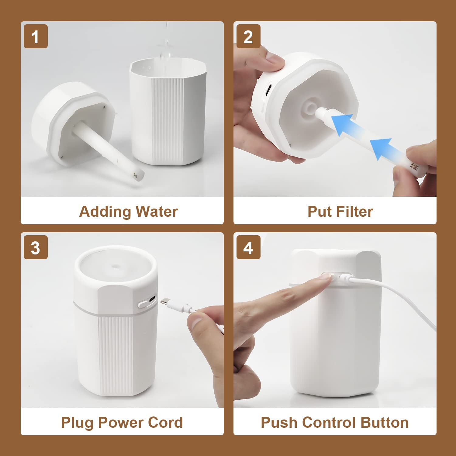 Vier Schritte zur Verwendung eines Luftbefeuchters: Wasser hinzufügen, Filter einsetzen, Netzkabel anschließen, Kontrolltaste drücken.