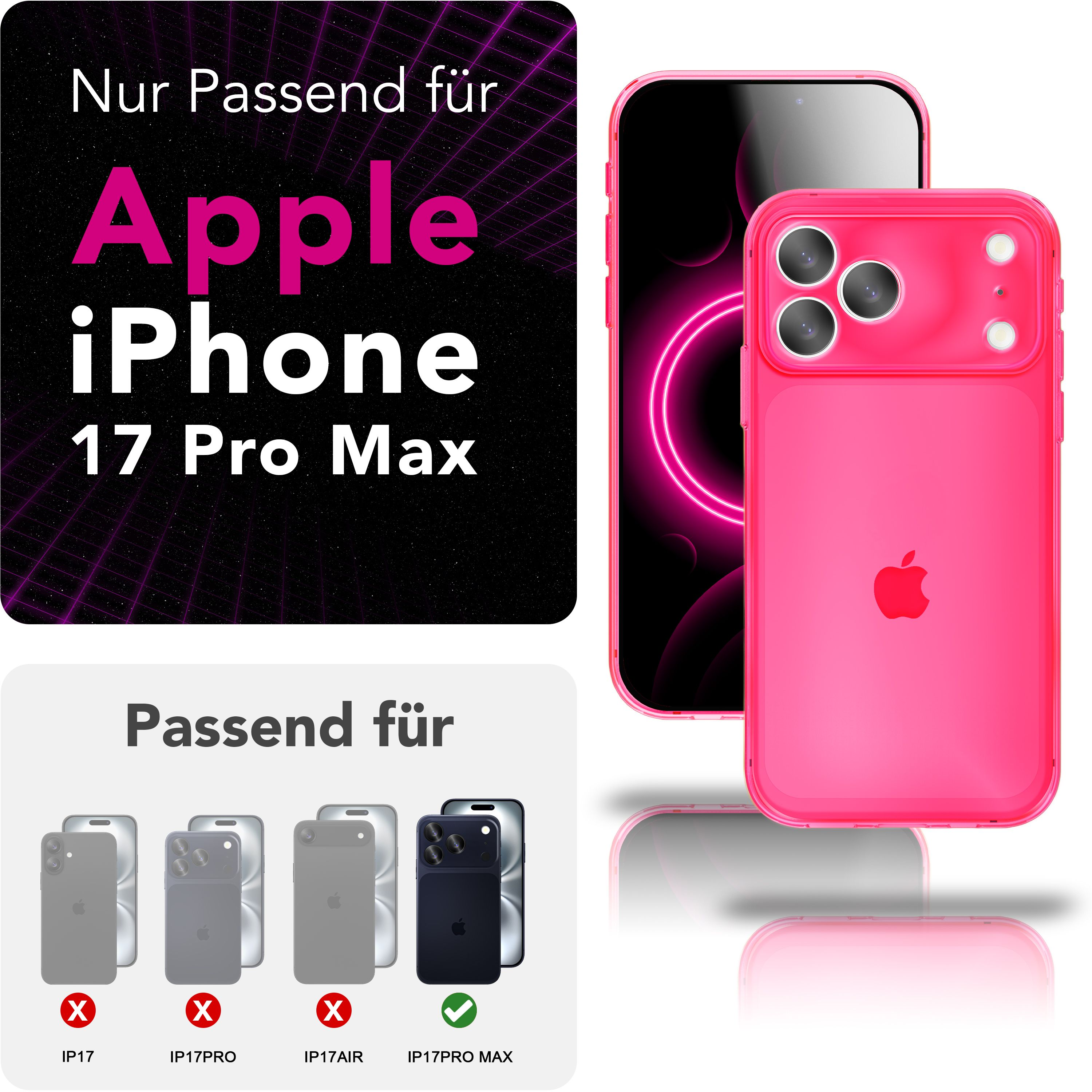 Das Bild zeigt ein iPhone 17 Pro Max mit einer rosa Hülle. Der Text lautet 'Nur Passend für Apple iPhone 17 Pro Max'.