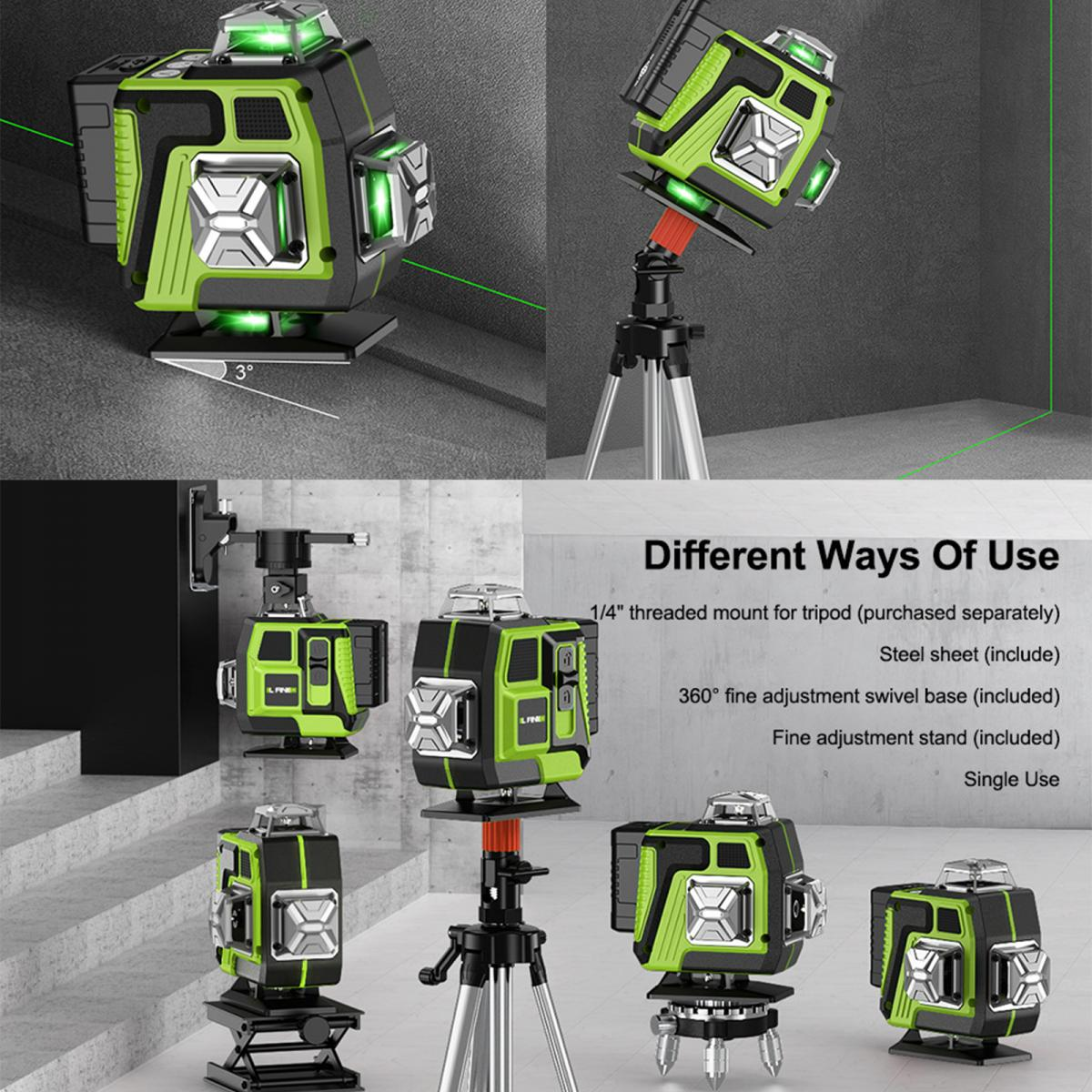 Ein grüner und schwarzer Laser in verschiedenen Konfigurationen. Er zeigt das Gerät auf einem Stativ, einem Schwenksockel und einem Feineinstellständer.