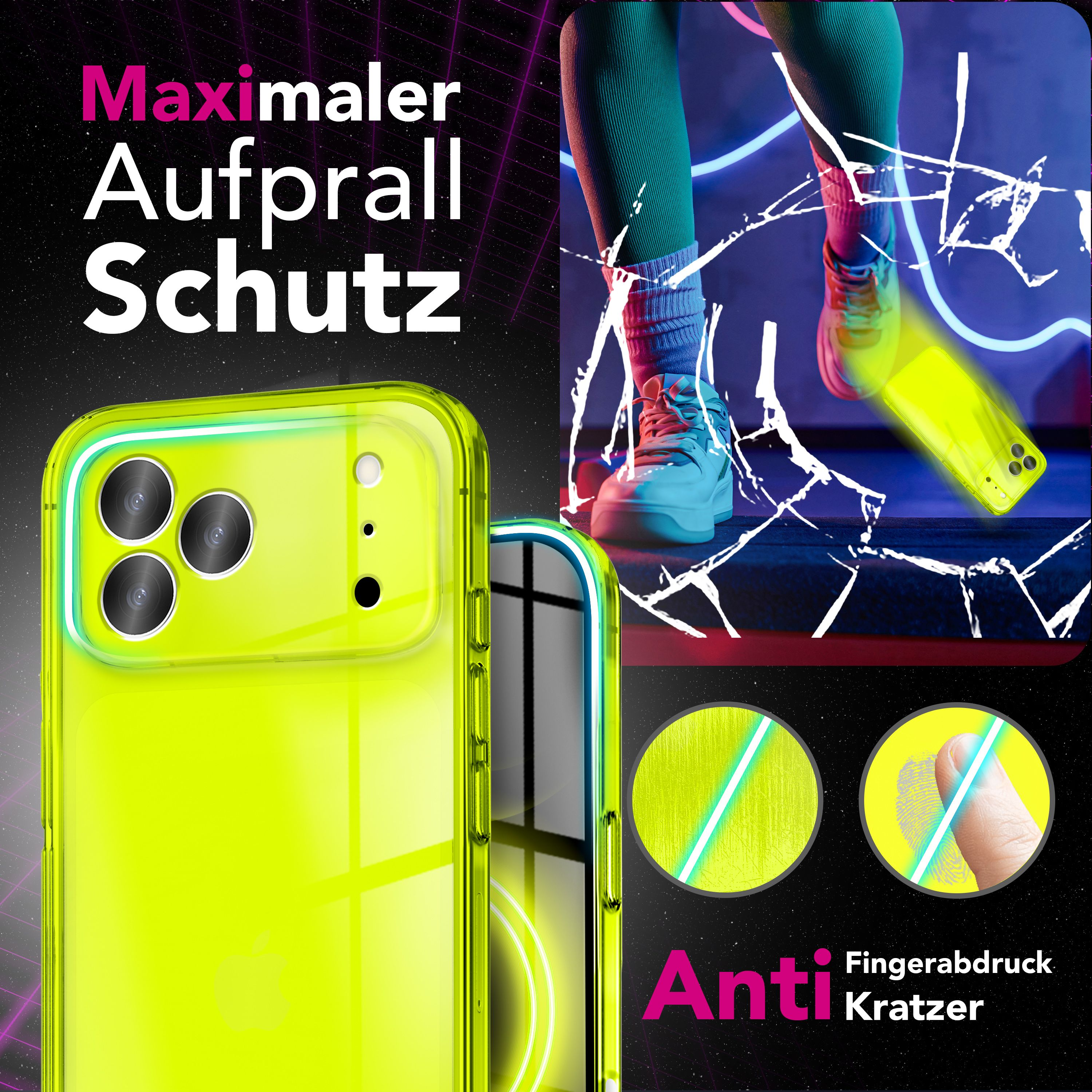 Eine neonfarbene Handyhülle, Text und ein Glasbrucheffekt. Beine mit blauen Socken. Der Hintergrund ist ein Sternenhimmel.