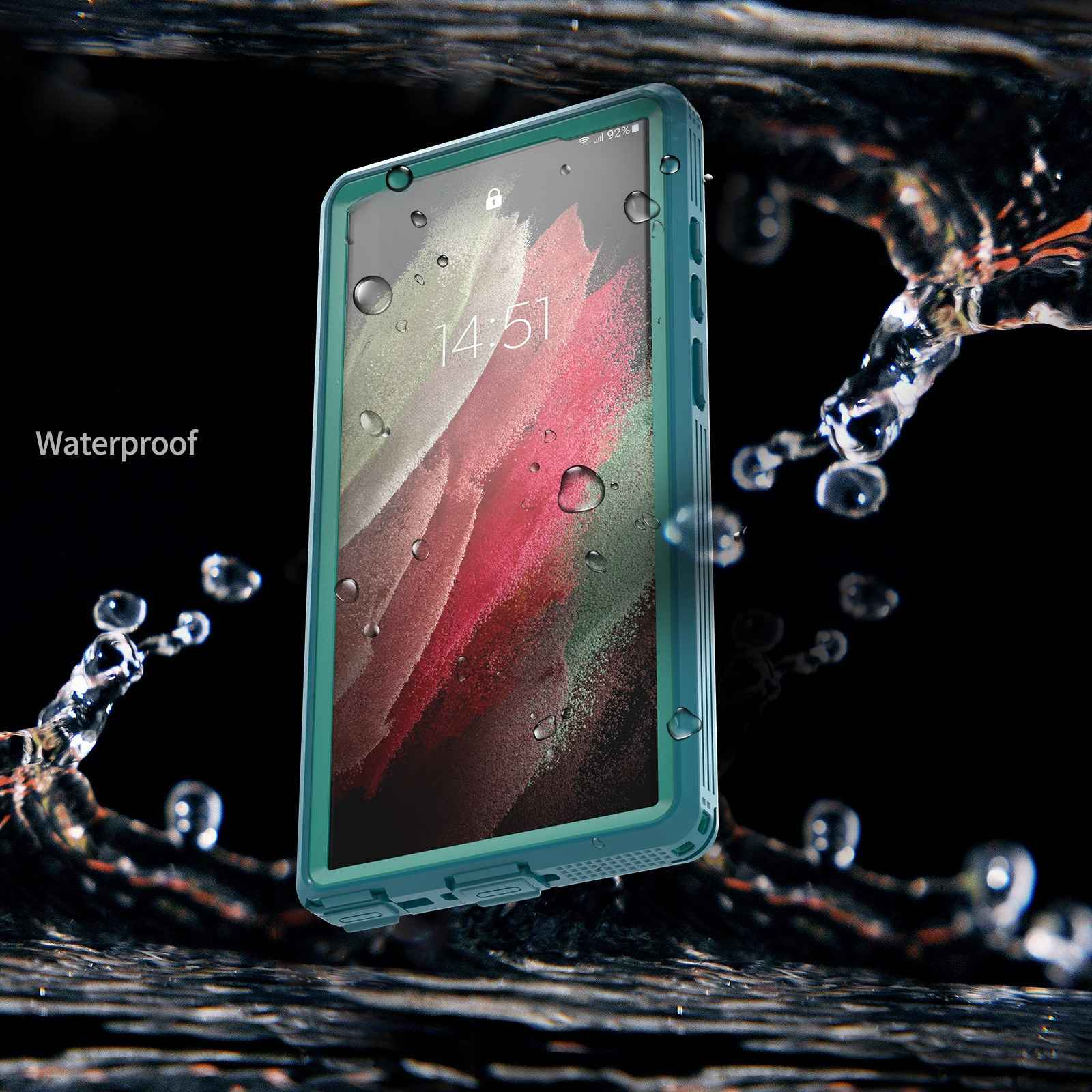 Eine tealfarbene Handyhülle schützt ein Telefon unter Wasser. Das Telefon zeigt 14:51 an. Wassertropfen und Spritzer sind sichtbar.