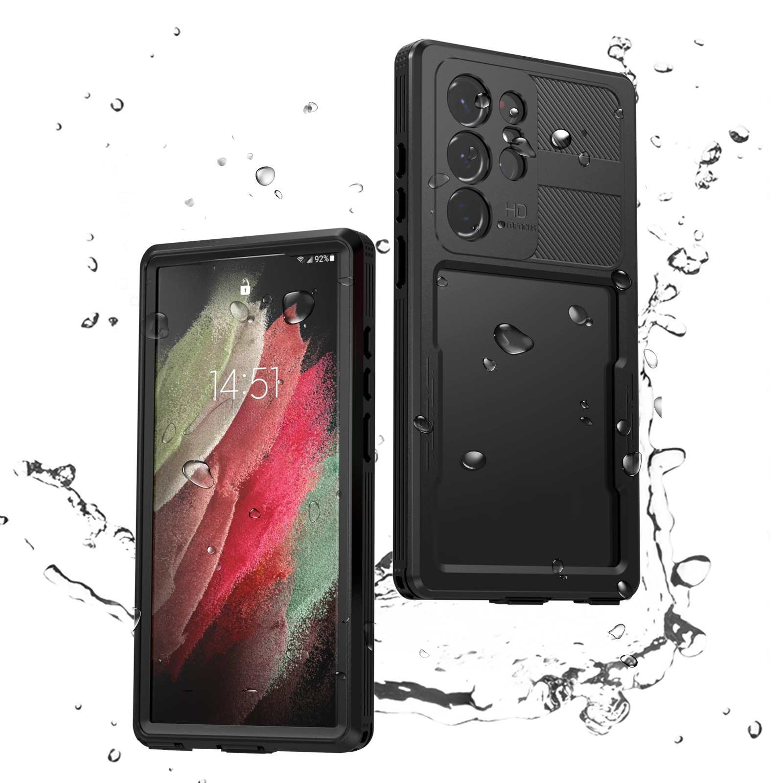 Zwei schwarze Handyhüllen mit einem Telefon darin. Wassertröpfchen befinden sich auf den Hüllen, mit weißem Hintergrund.