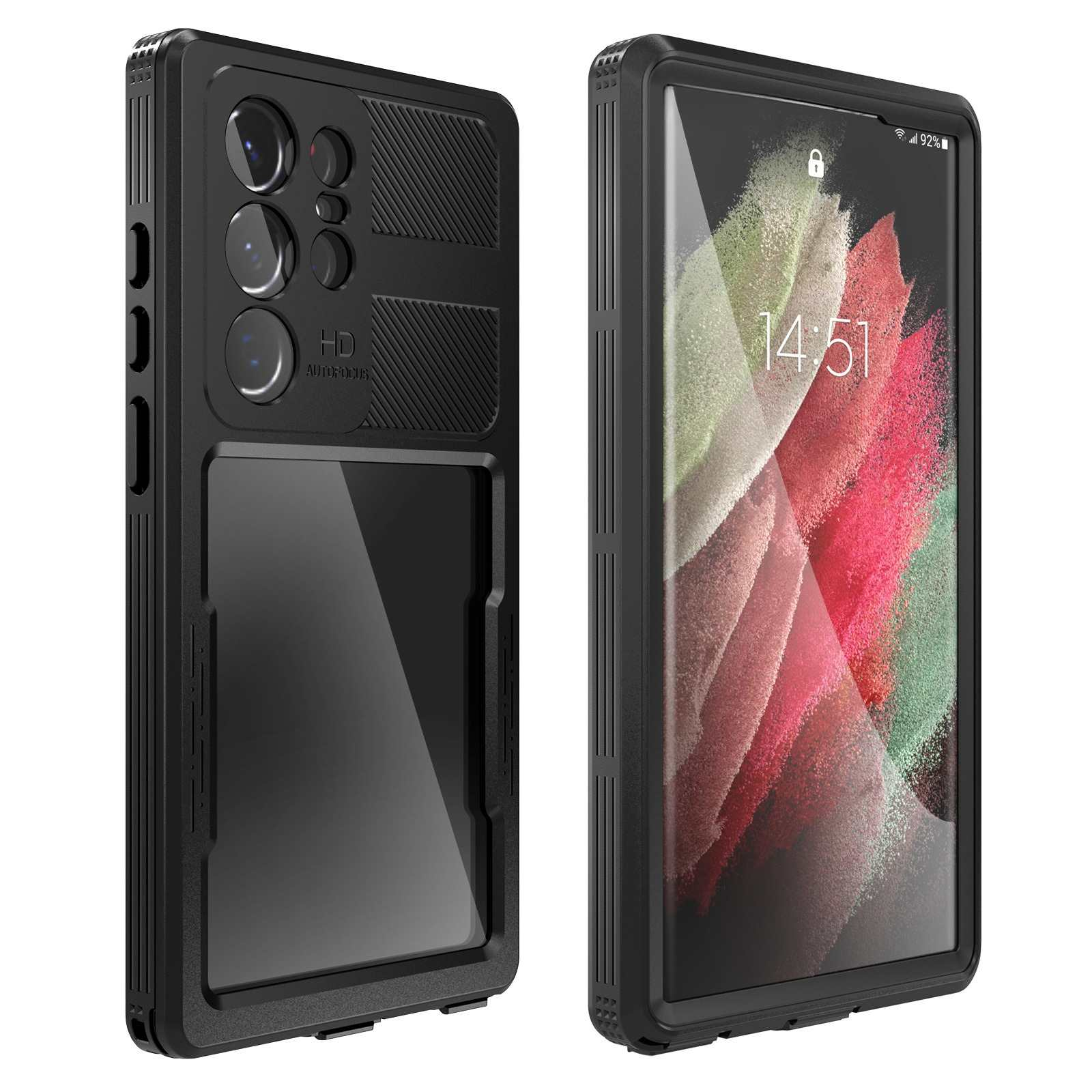 Schwarzes Telefon in Schutzhülle. Der Bildschirm zeigt die Uhrzeit und einen bunten Hintergrund.