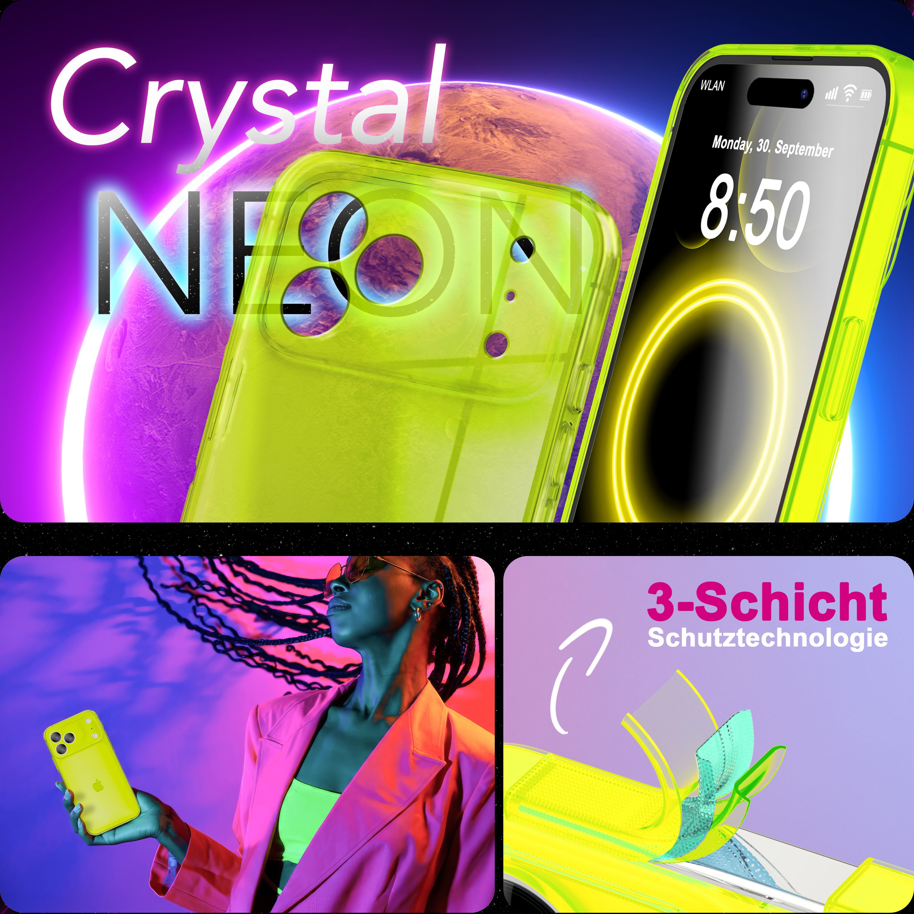Das Bild zeigt eine neongrüne Handyhülle, eine Frau mit Sonnenbrille und Neon-Outfit sowie Schutzschichten.