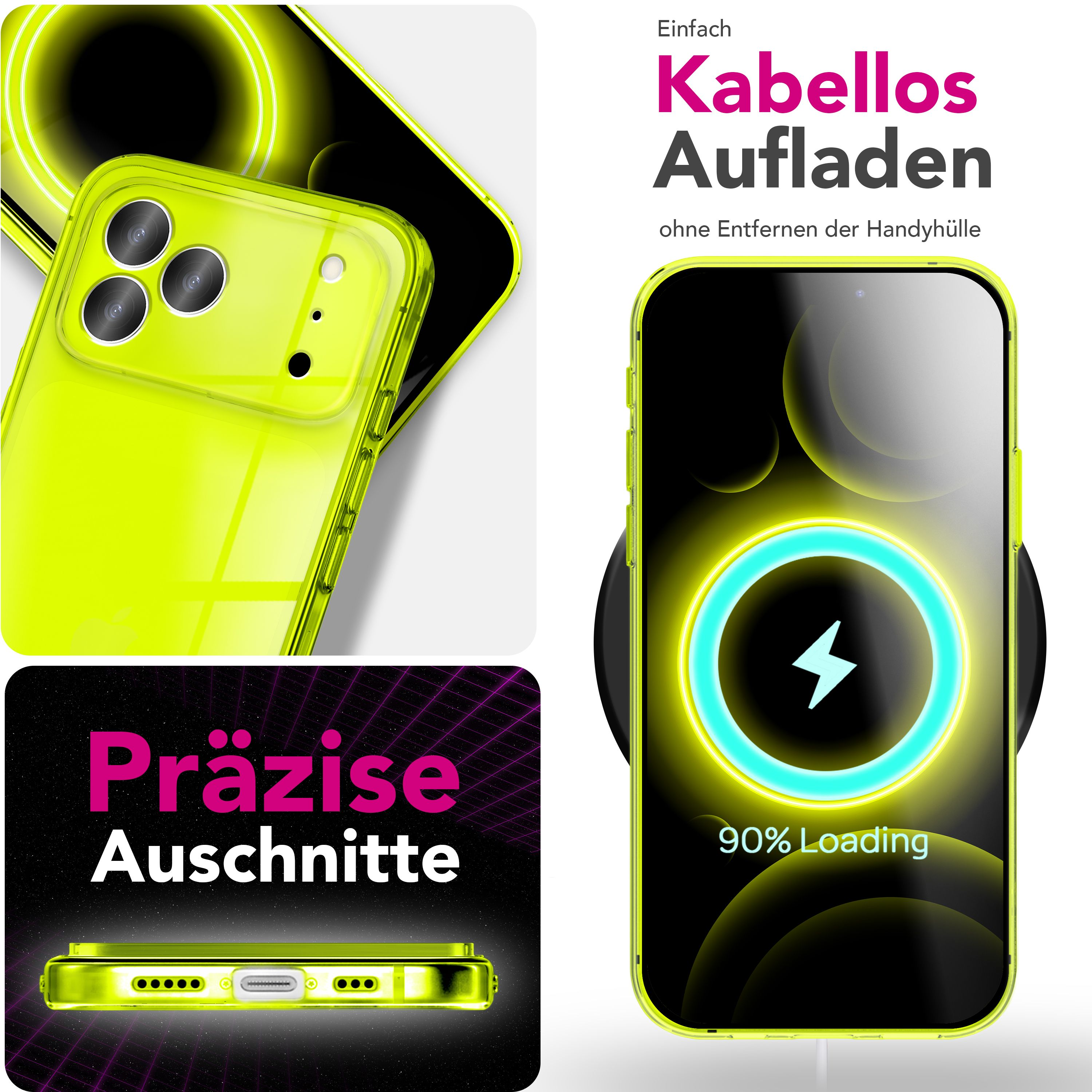 Ein Telefon in einer neongrünen Hülle wird kabellos geladen. Der Bildschirm zeigt einen Blitz und sagt 90 % laden.