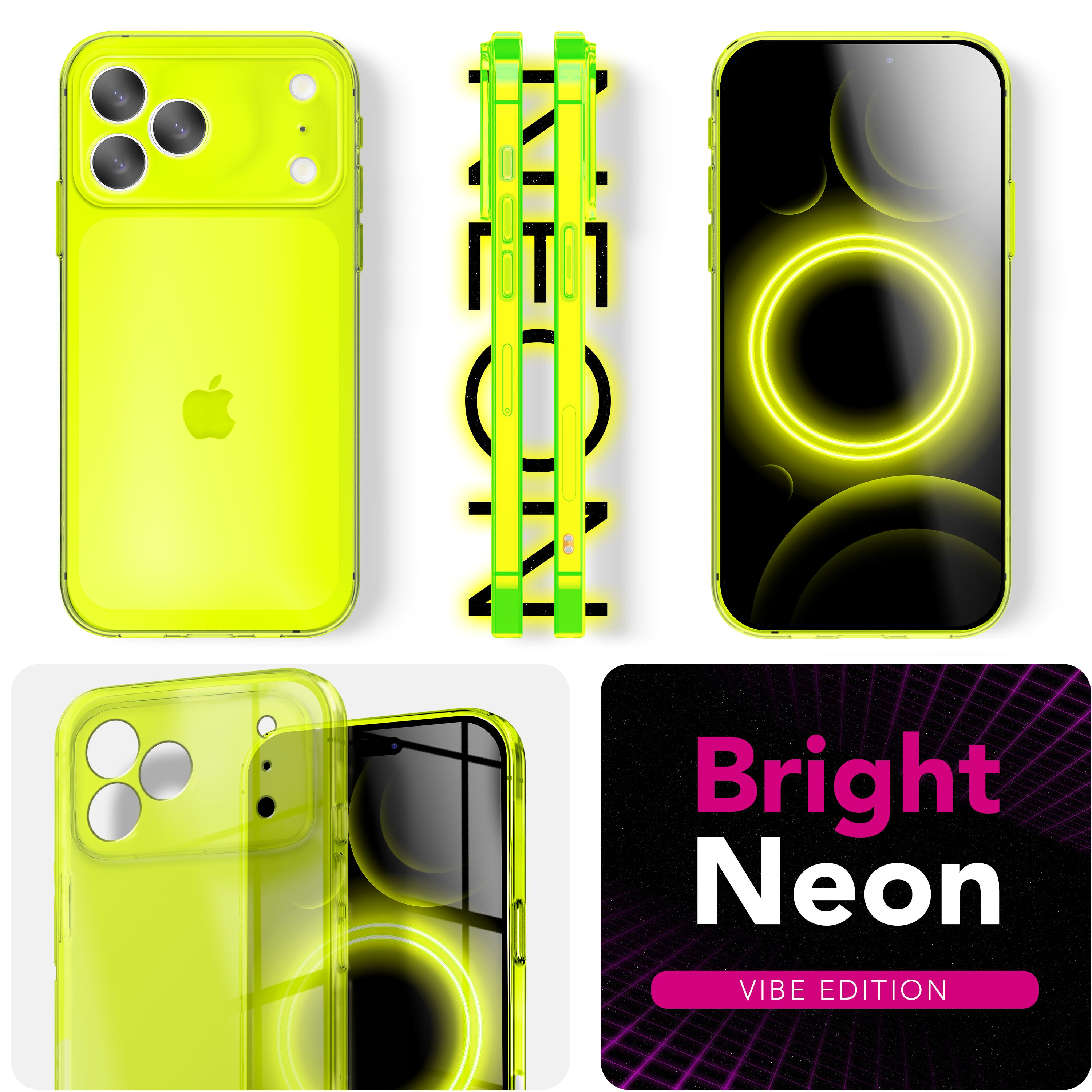 Das Bild zeigt neongrüne Handyhüllen. Einige zeigen Telefone. Eines hat eine Bright Neon Vibe Edition Grafik.