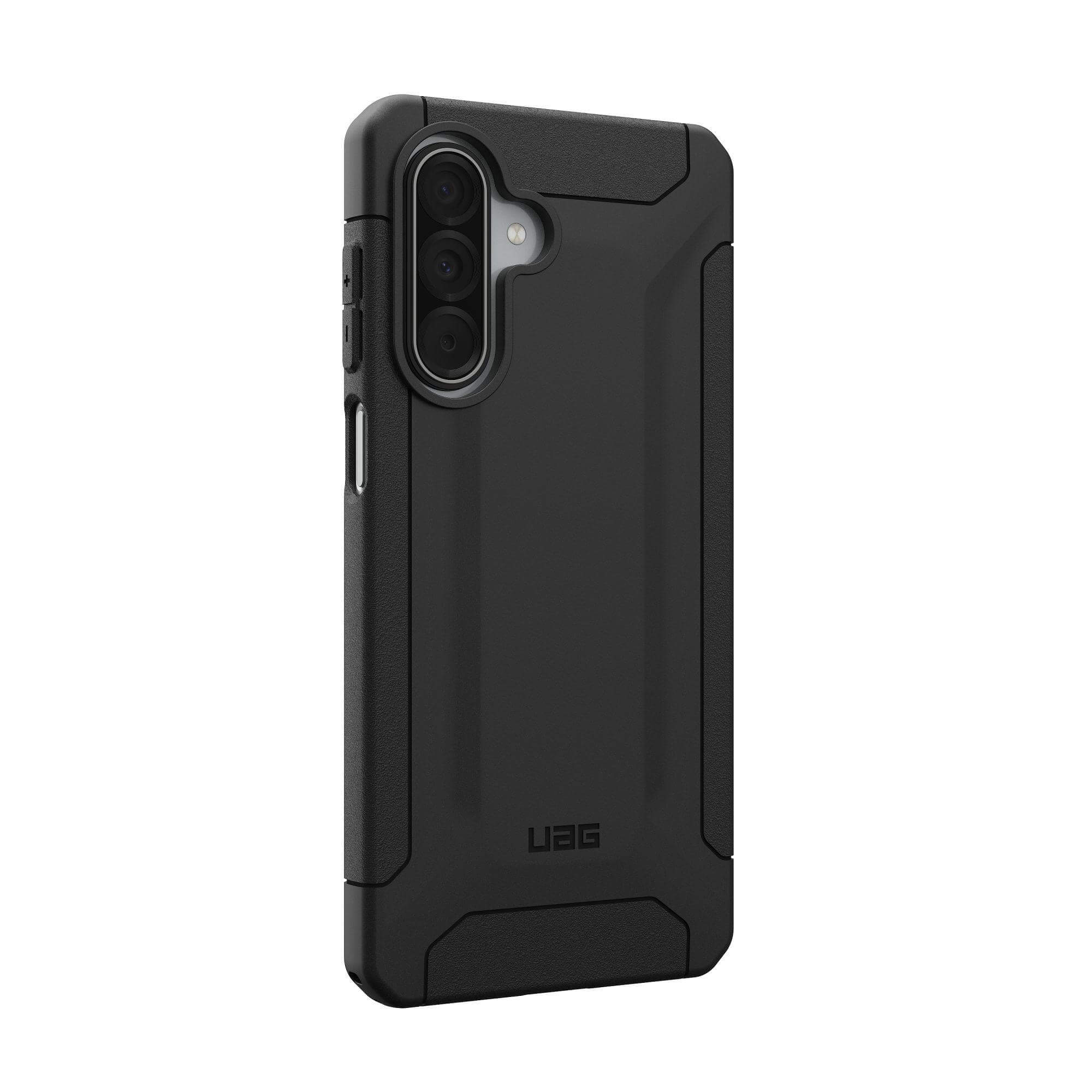 Eine schwarze Handyhülle mit Kameraausschnitt und UAG-Logo. Die Hülle befindet sich auf weißem Hintergrund.