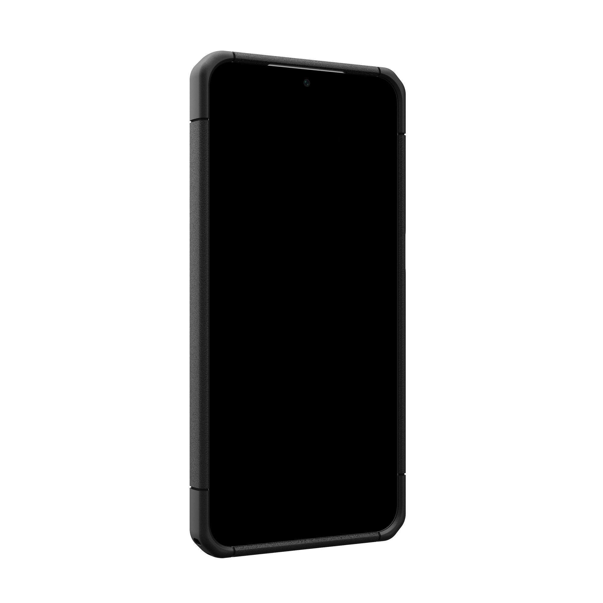 Ein schwarzes Smartphone in einer Schutzhülle. Der Bildschirm ist schwarz, und die Hülle hat strukturierte Seiten.