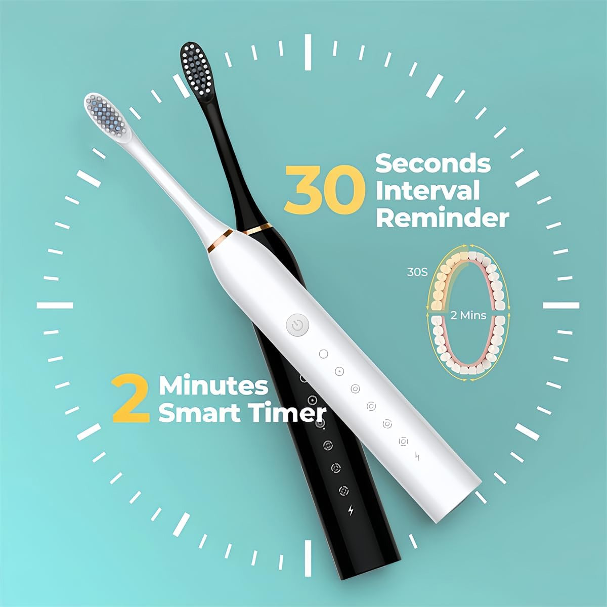 Zwei elektrische Zahnbürsten, eine weiße und eine schwarze, sind diagonal auf einem türkisfarbenen Hintergrund mit einer Timer-Grafik positioniert.